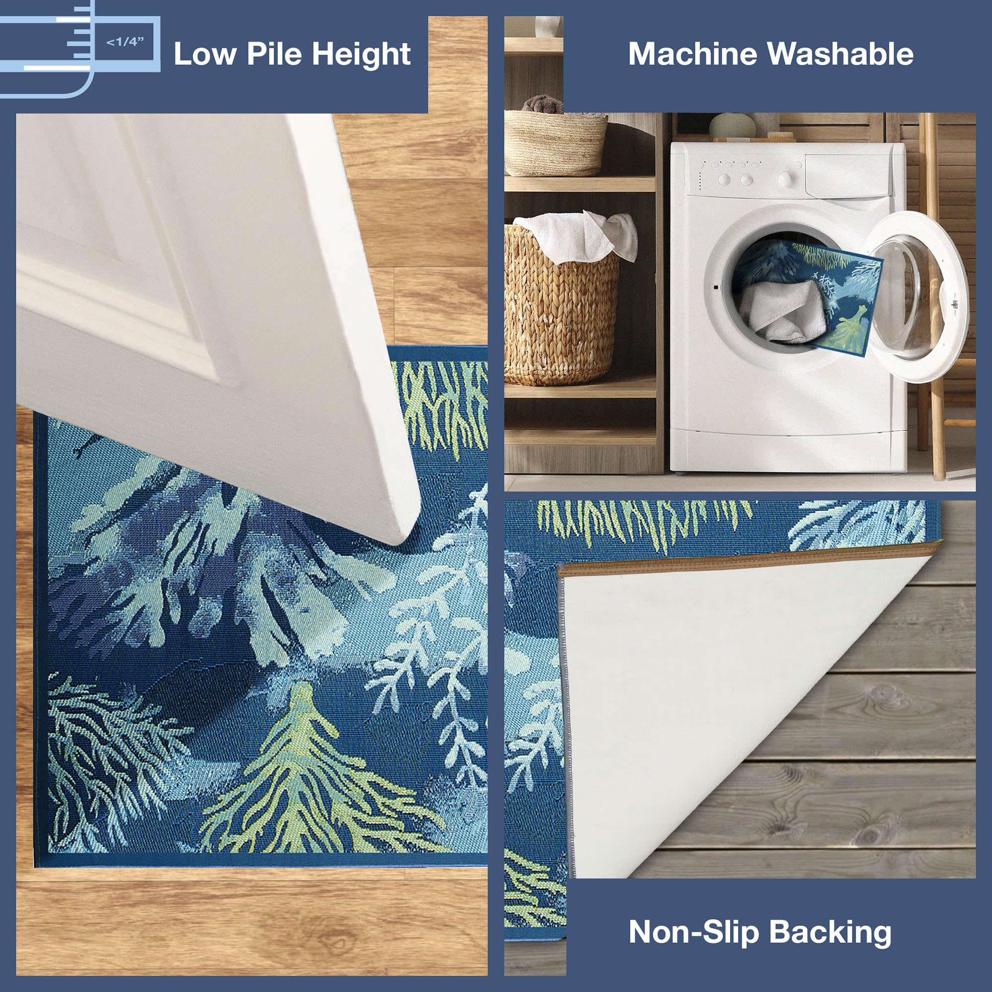 Liora Manne Esencia Machine Washable Non-Slip Low Profile Indoor/Outdoor Mat-Transitional, Abstract, Ocean, Contemporary, Coral Garden Lapis 2'5' X 3'11'