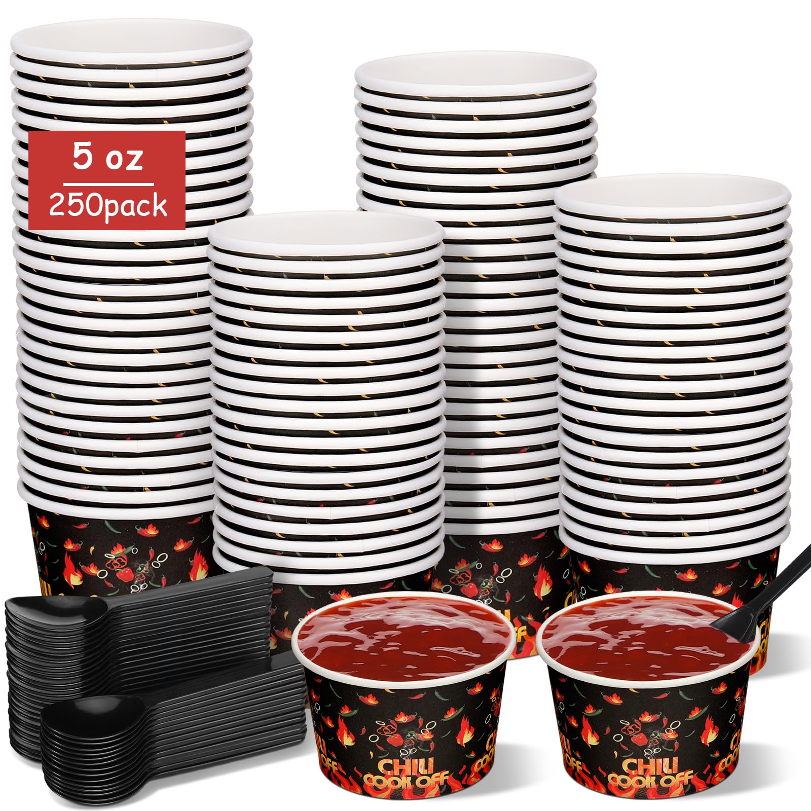 RimCereal 550 Pcs 5 oz Chili Cook Off Party Decorations Include 5 oz Disposable Sample Cook Off Tasting Paper Cups Plastic Spoon