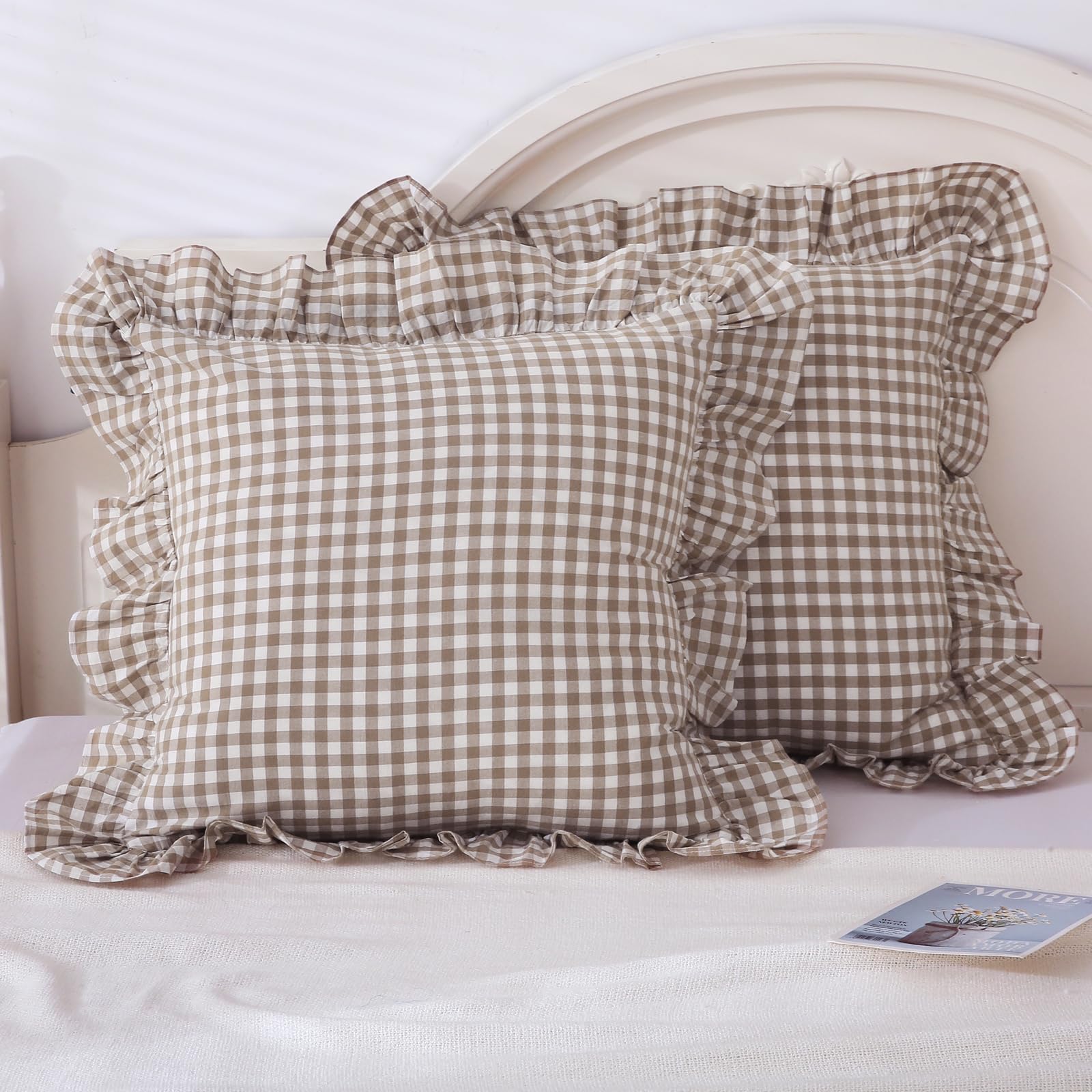 Mywinlle Taupe/White Plaid Euro Pillow Shams Ruffle Pillowcases Set Of 2,Shabby Checkered Washed Cotton Pillow Covers-26 X26,Tau