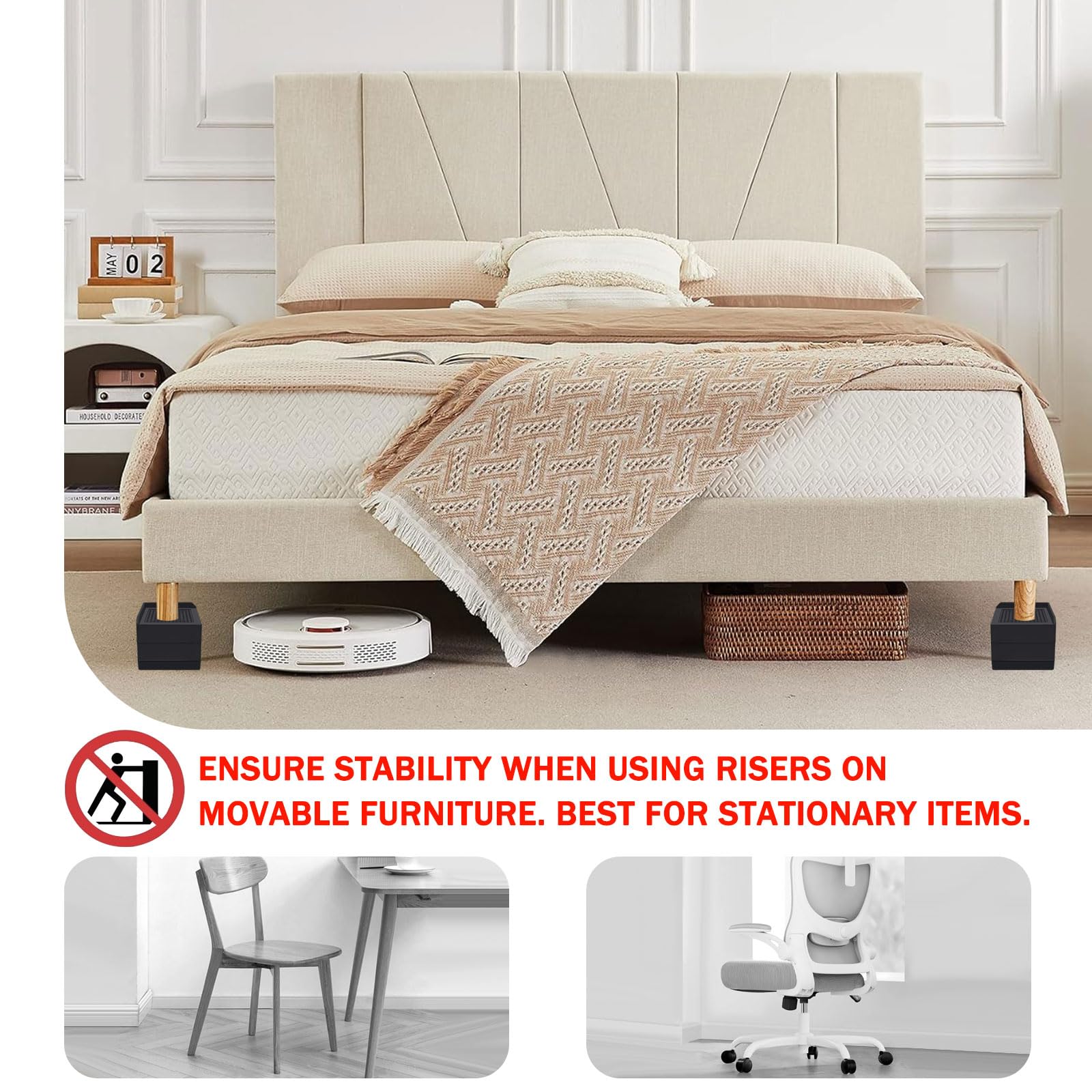 Annkut Bed Risers 4 Inch Heavy Duty, Furniture Risers For Desk Table Sofa Couch Lifts To 1.5?3 Or 4 In, Square Adjustable Risers