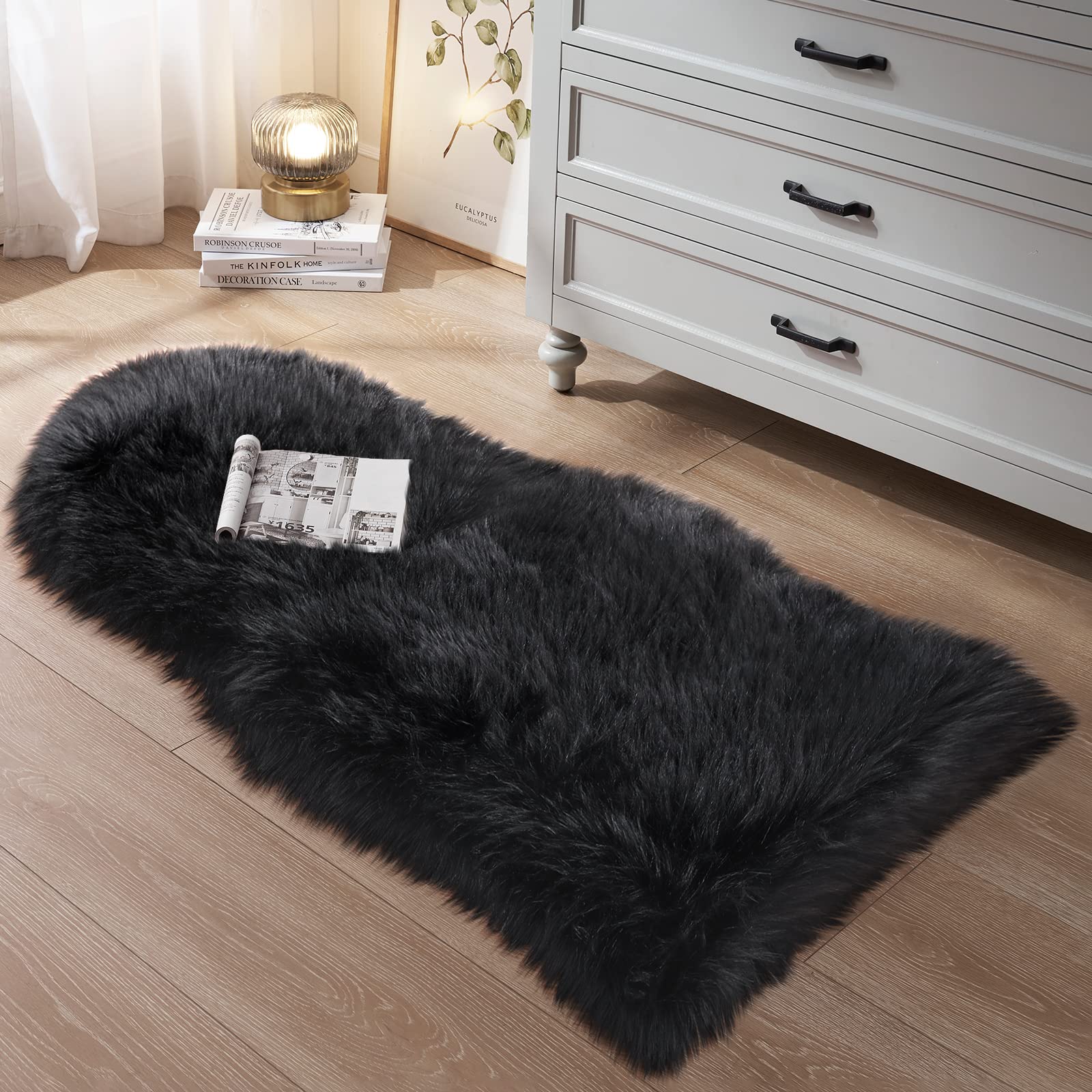 Small Faux Fur Rug, 2X4 Ft Ultra Soft Sheepskin Rug Chair Sofa Cover Seat Pad, Black Fluffy Shag Rug For Bedroom Nursery Kids Ro