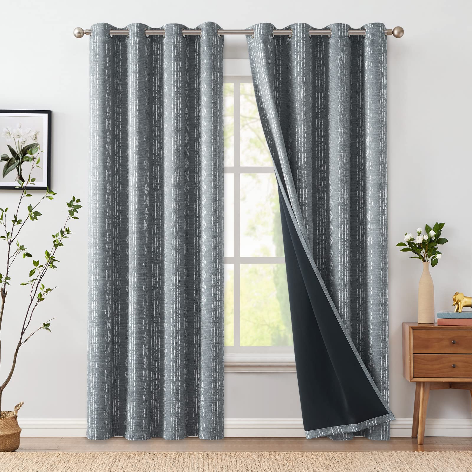 Jinchan 100% Blackout Boho Curtains 84 Inches Long For Bedroom White On Grey Geometric Printed Grommet Top Room Darkening Therma
