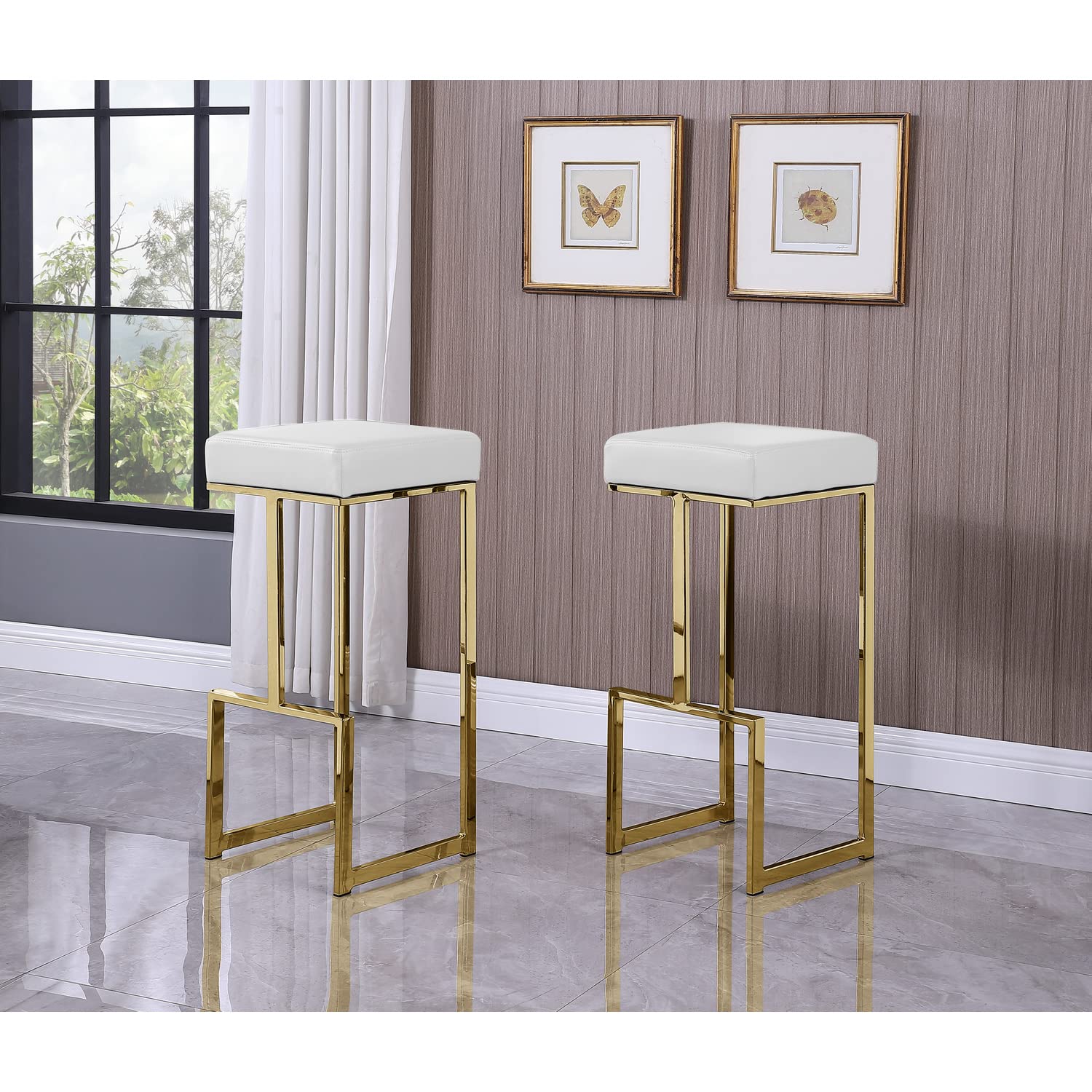 Best Master Furniture Dorrington Faux Leather Backless Bar Stool in White/Gold (Set of 2)