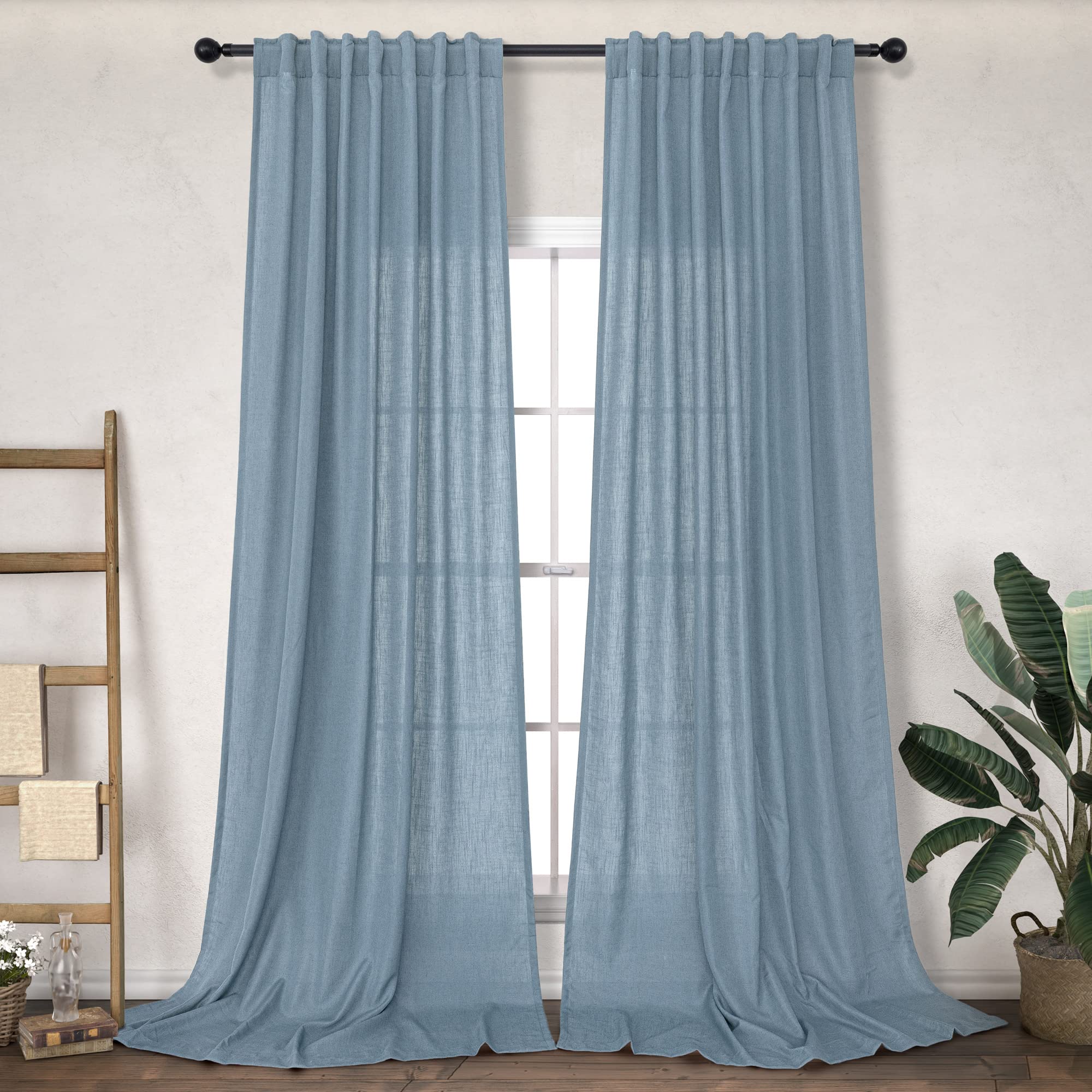 Gray Blue Curtains 84 Inch Length For Bedroom 2 Panel Set Back Tab Pocket Light Filtering Sheer Country Grey Blue Linen Curtain