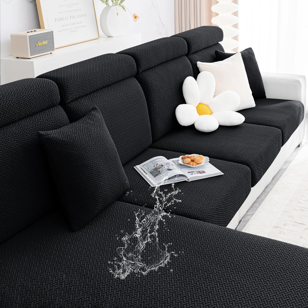 Smiry Waterproof Couch Cushion Covers, Stretch Jacquard Thick Sofa Cushion Covers, Washable Seat Cover Slipcover Elastic Furniture Protector For Pets, Kid (Large, Black)