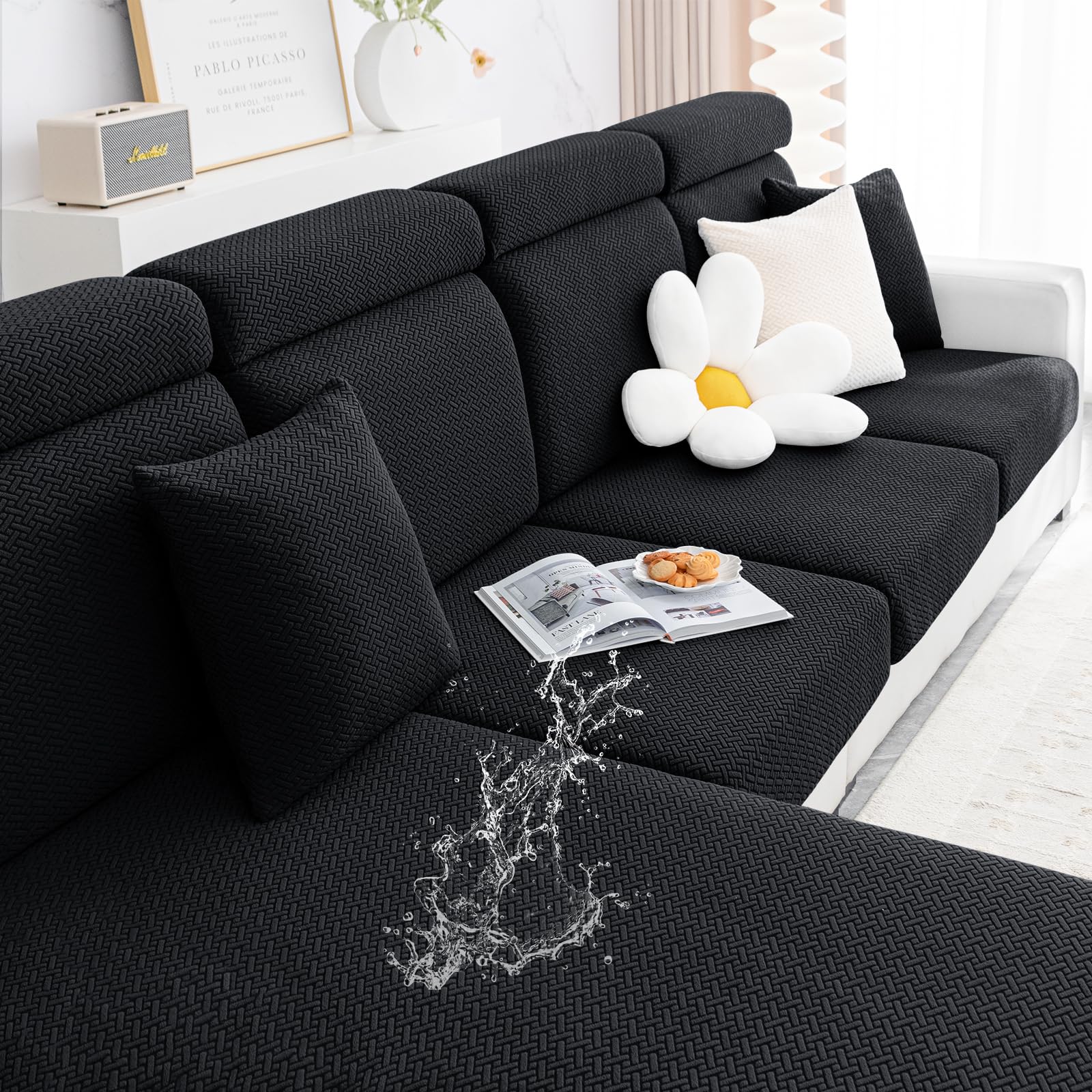 Smiry Waterproof Couch Cushion Covers, Stretch Jacquard Thick Sofa Cushion Covers, Washable Seat Cover Slipcover Elastic Furniture Protector For Pets, Kid (Large, Black)