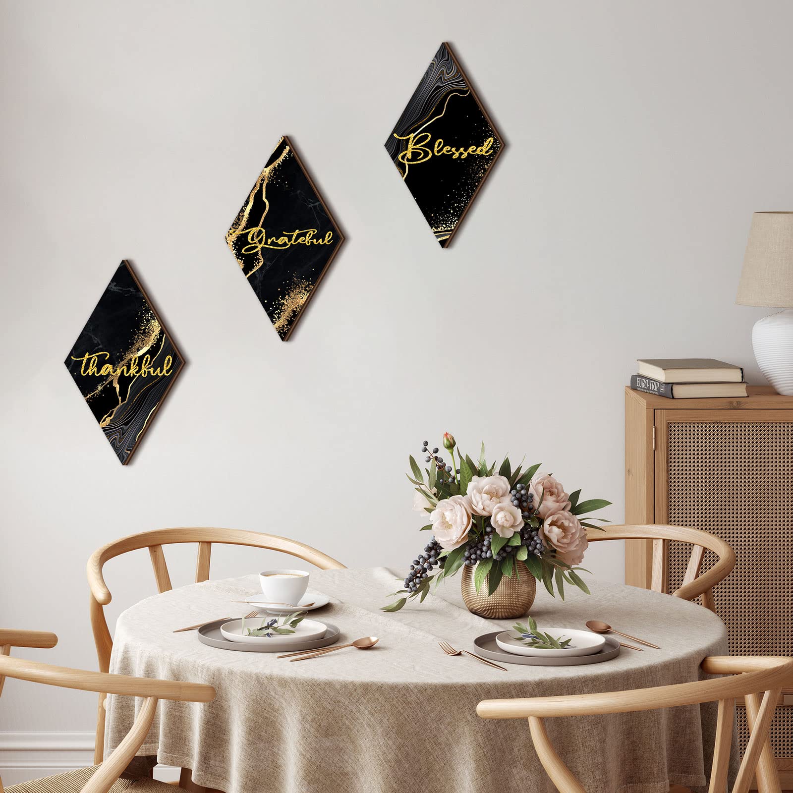 Qunclay 3 Pcs Marble Style Bathroom Wall Decor Thankful Grateful Blessed Wall Decor Black And Gold Farmhouse Rustic Art Wall Dec