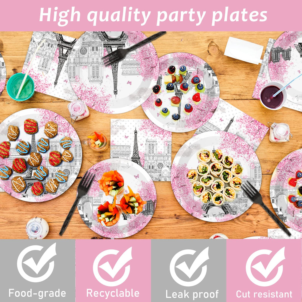 98 Pcs Paris Eiffel Tower Tableware Set Paris Eiffel Tower Party Plates Napkins Paris Table Cover Eiffel Tower Dinnerware For Ki