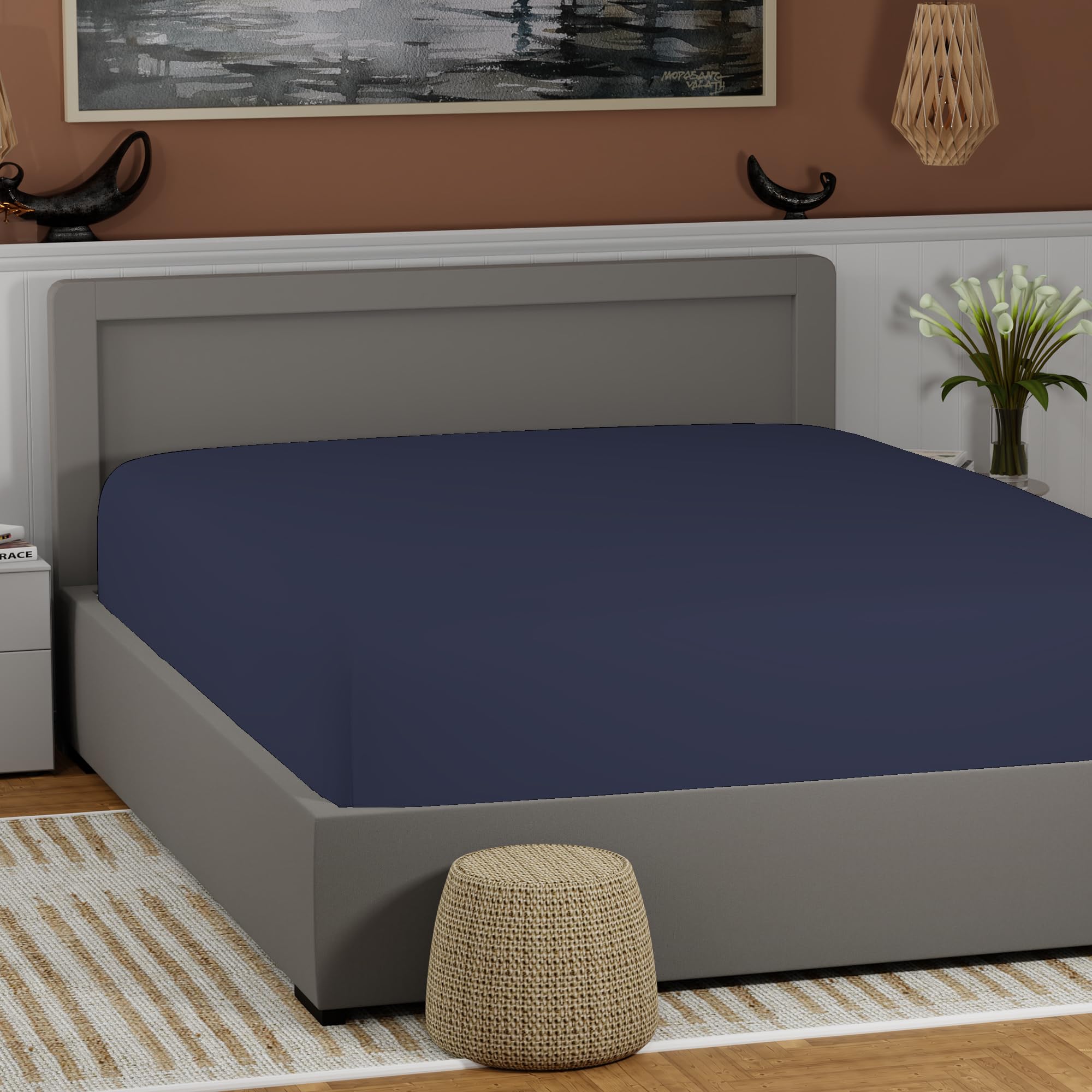 100% Cotton Twin Dark Blue Fitted Sheet Only, Lightweight Back To School College Essentials Mattress Fitted Sheet (39    W X 75