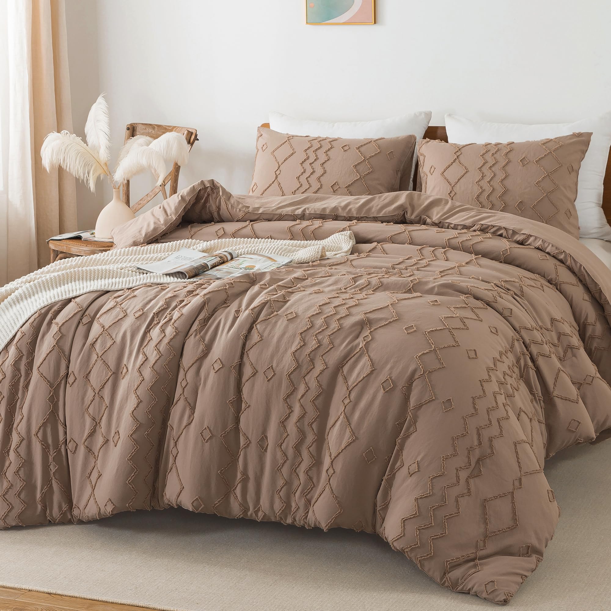 Andency Taupe Tufted Comforter Set Twin(66X90Inch), 2 Pieces(1 Boho Comforter, 1 Pillowcase) Textured Farmhouse Comforter, Soft Microfiber Down Alternative Geometric Comforter Bedding Set