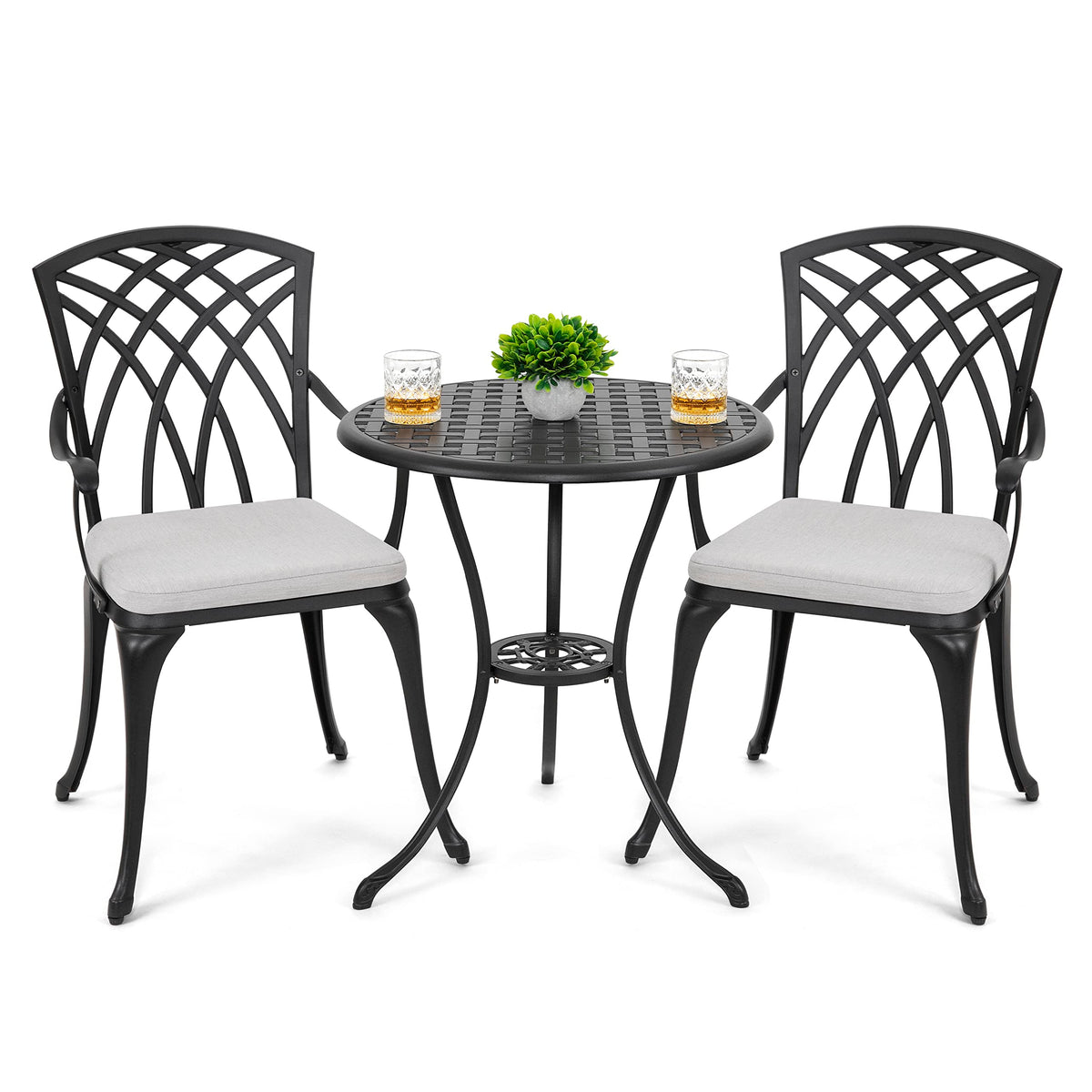 Nuu Garden Bistro Set 3 Piece Outdoor Cast Aluminum Patio Bistro Set Patio Table And Chairs Set Of 2 With Umbrella Hole And Gray Cushions, Black
