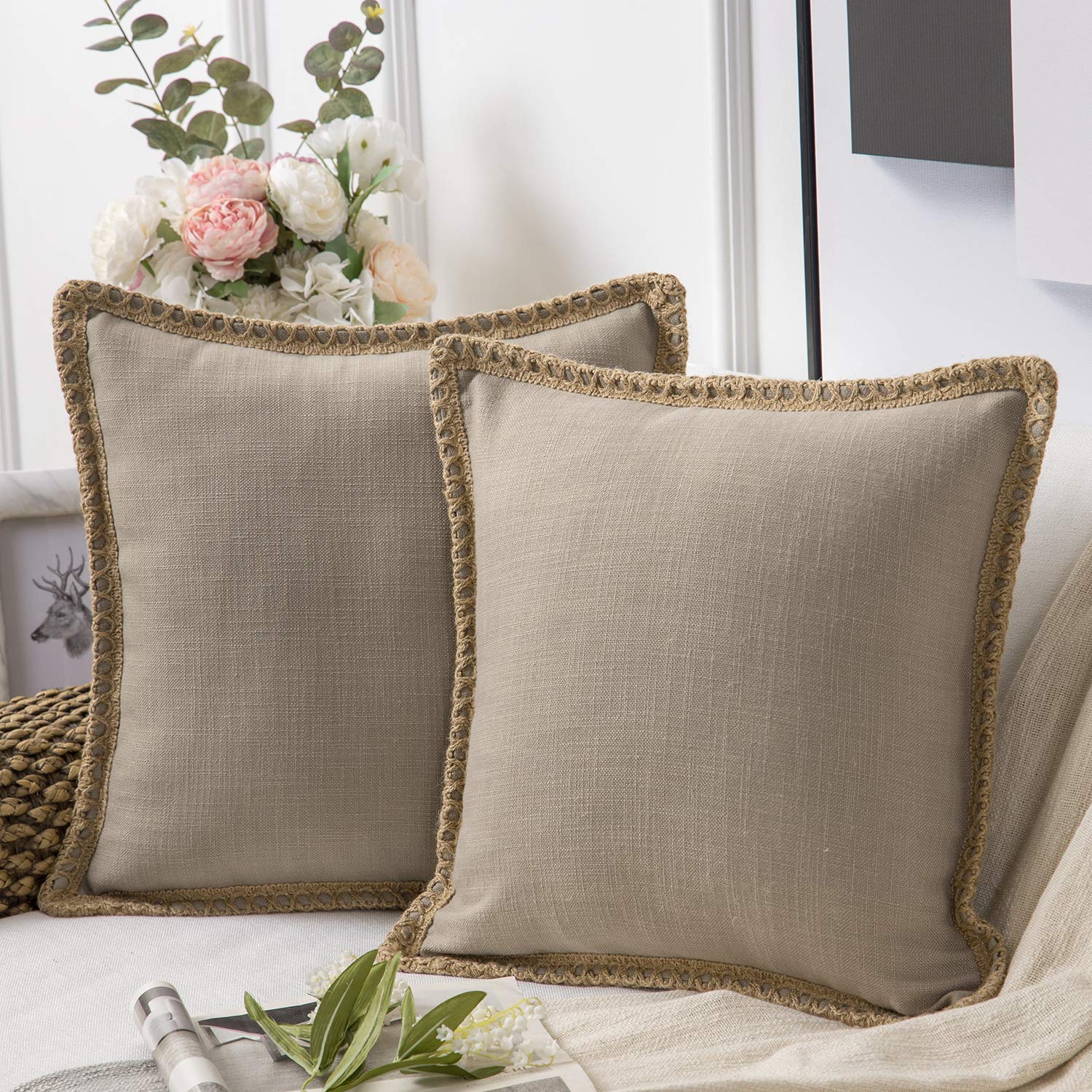 Phantoscope Pack Of 2 Farmhouse Decorative Solid Throw Decorative Pillow Cover Burlap Linen Trimmed Tailored Edges Beige 24 X 24