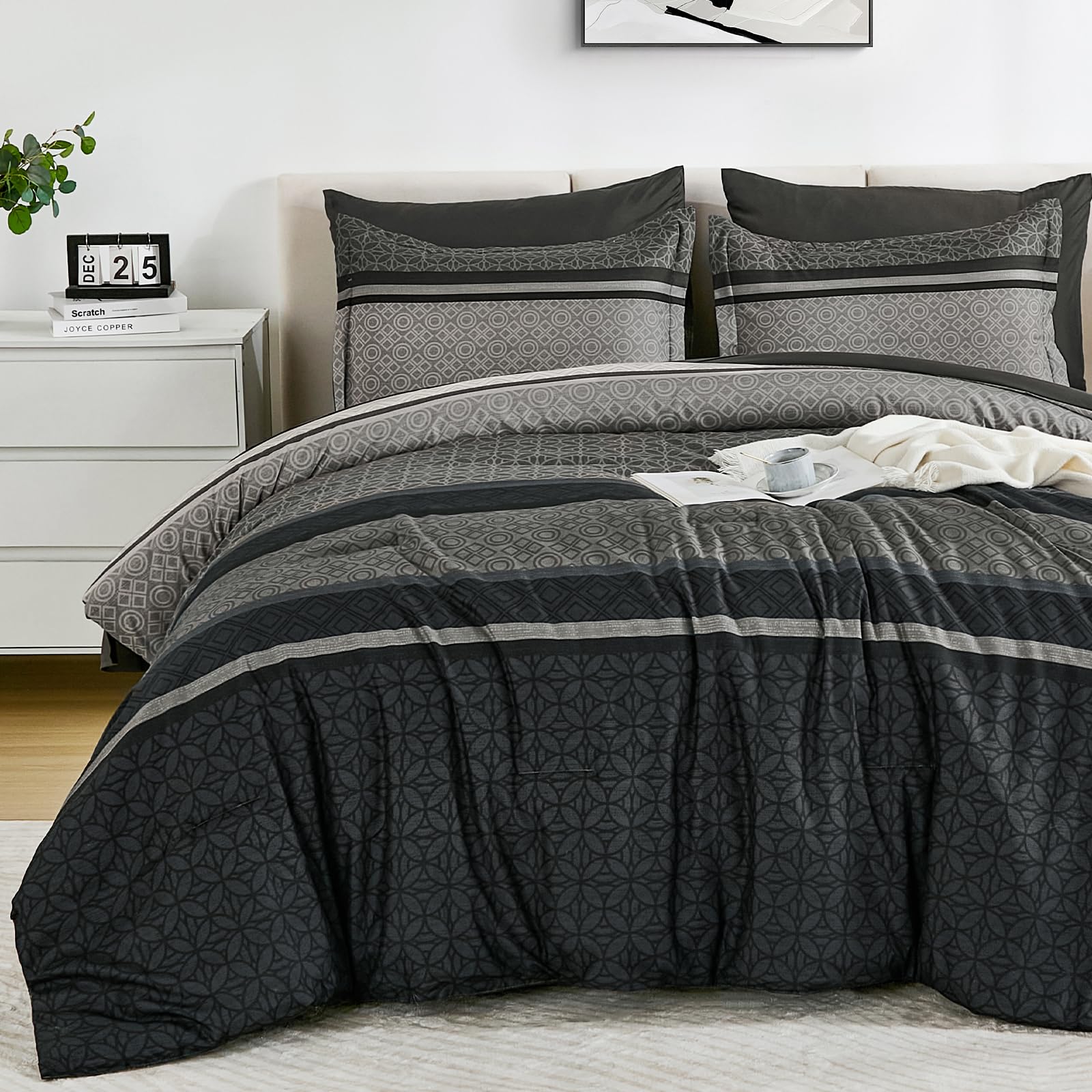 Wongs Bedding Comforter Set Full Size, Dark Grey Striped 7 Pieces Bed In A Bag Comforter And Sheet Set, Bohemian Soft Lightweigh