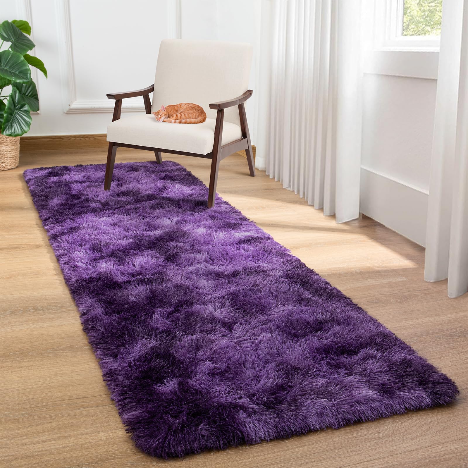 Softlife Area Rug For Bedroom, 2X6 Feet Runner Rug Plush Fluffy Rug For Living Room, Tie-Dyed Purple Shag Rug For Aesthetic Room