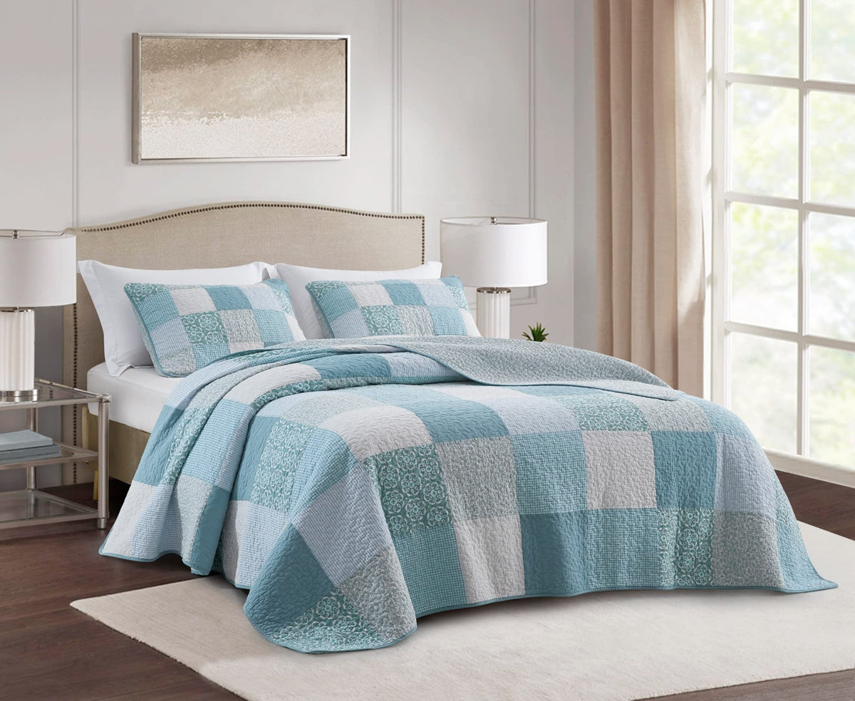 Chezmoi Collection Zahara 3-Piece Boho Chic Patchwork Quilt Set - Blue White Ditsy Floral Candy Stripe Reversible Bedspread - Pr