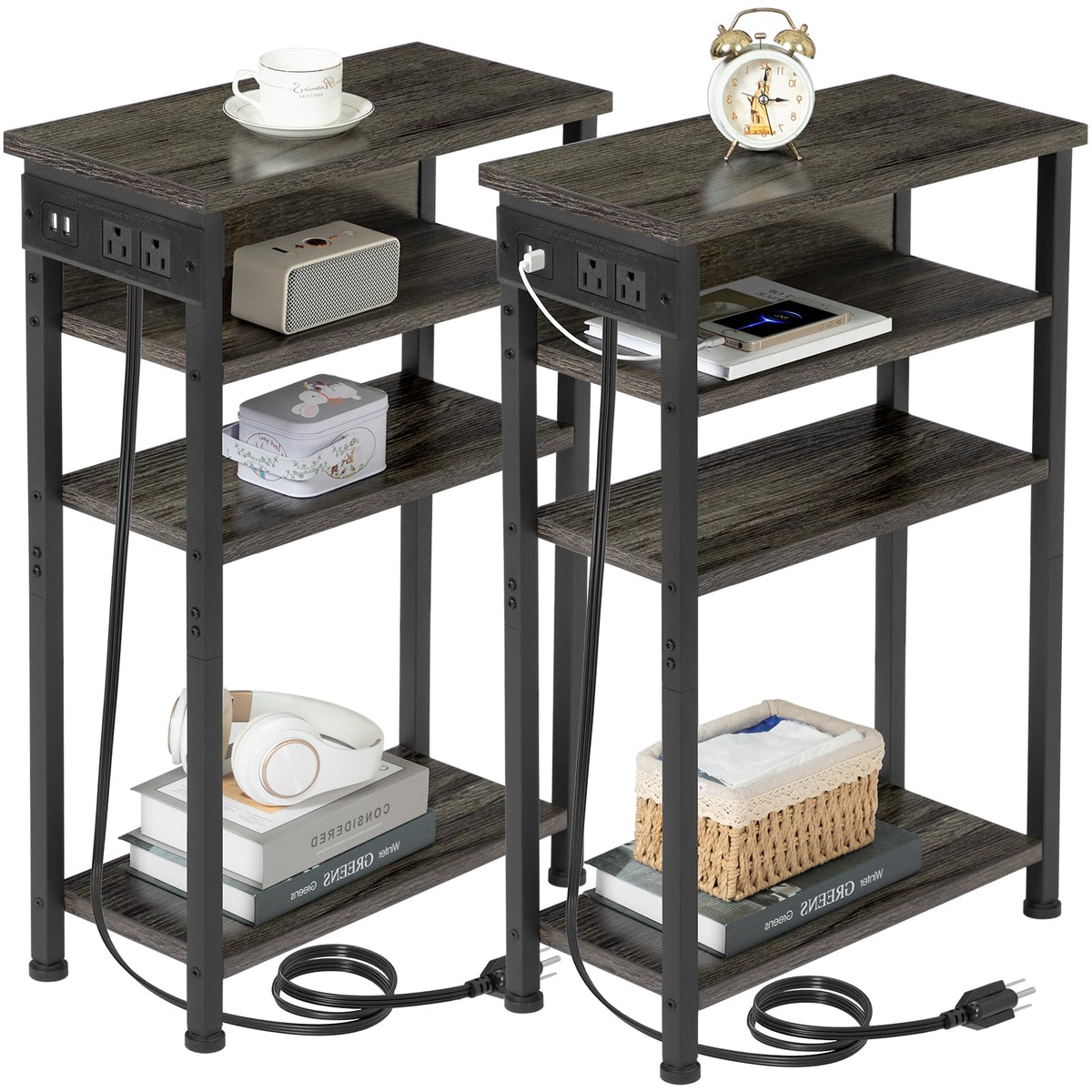 Amhancible Narrow Side Table With Charging Station, Set Of 2, End Table For Small Spaces, Skinny Side Table With Storage Shelf, Slim End Table For Living Room, Dark Grey Hetn04Dg