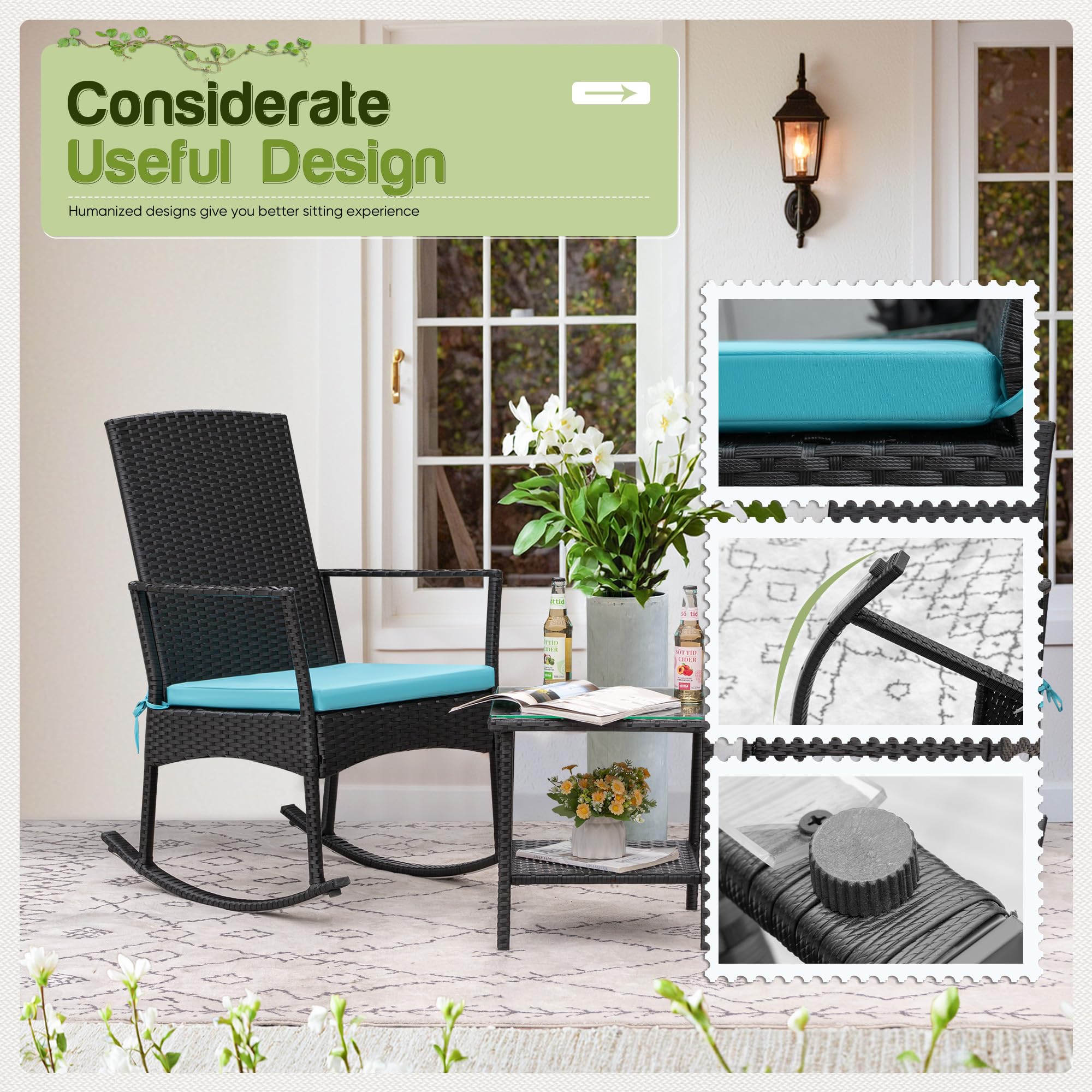 Flamaker Rocking Chair Outdoor Pe Rattan Patio Chairs With Glass Table High Back Porch Rocker For Balcony, Garden, Backyard (Blue)