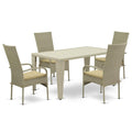 East West Furniture Guos5-03A 5 Piece Outdoor Patio Conversation Sets Includes A Rectangle Wicker Dining Table With Glass Top And 4 Balcony Backyard Armchair With Cushion, 36X60 Inch, Natural Linen