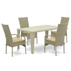 East West Furniture Guos5-03A 5 Piece Outdoor Patio Conversation Sets Includes A Rectangle Wicker Dining Table With Glass Top And 4 Balcony Backyard Armchair With Cushion, 36X60 Inch, Natural Linen