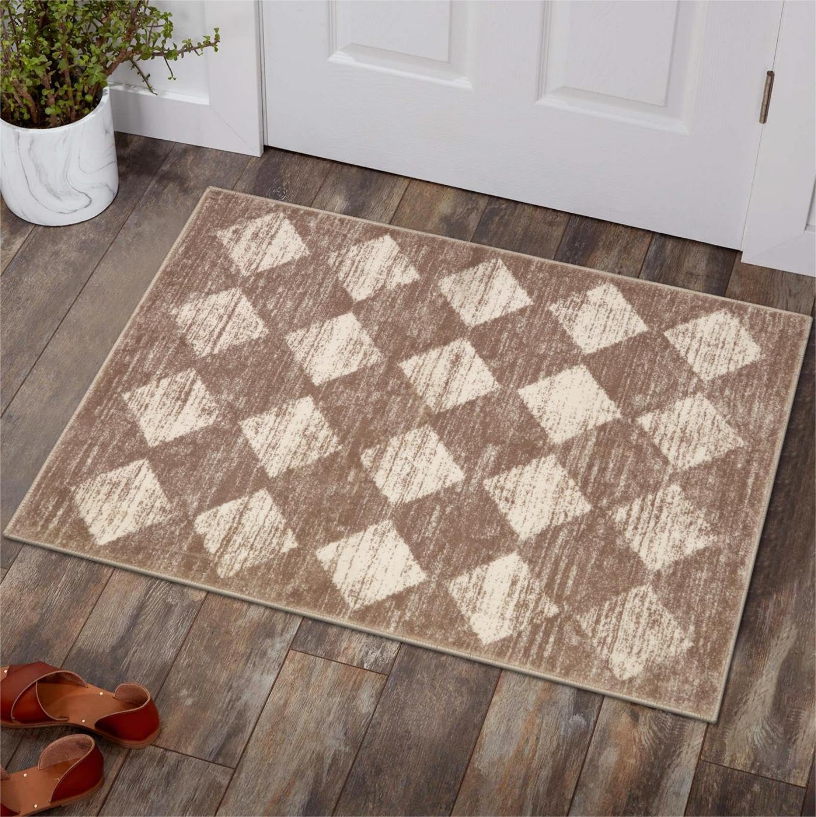 Lahome Moroccan Treills Area Rug - 2x3 Small Beige Bathroom Rug Door Rugs for Entryway Indoor, Checkered Washable Non Slip Throw