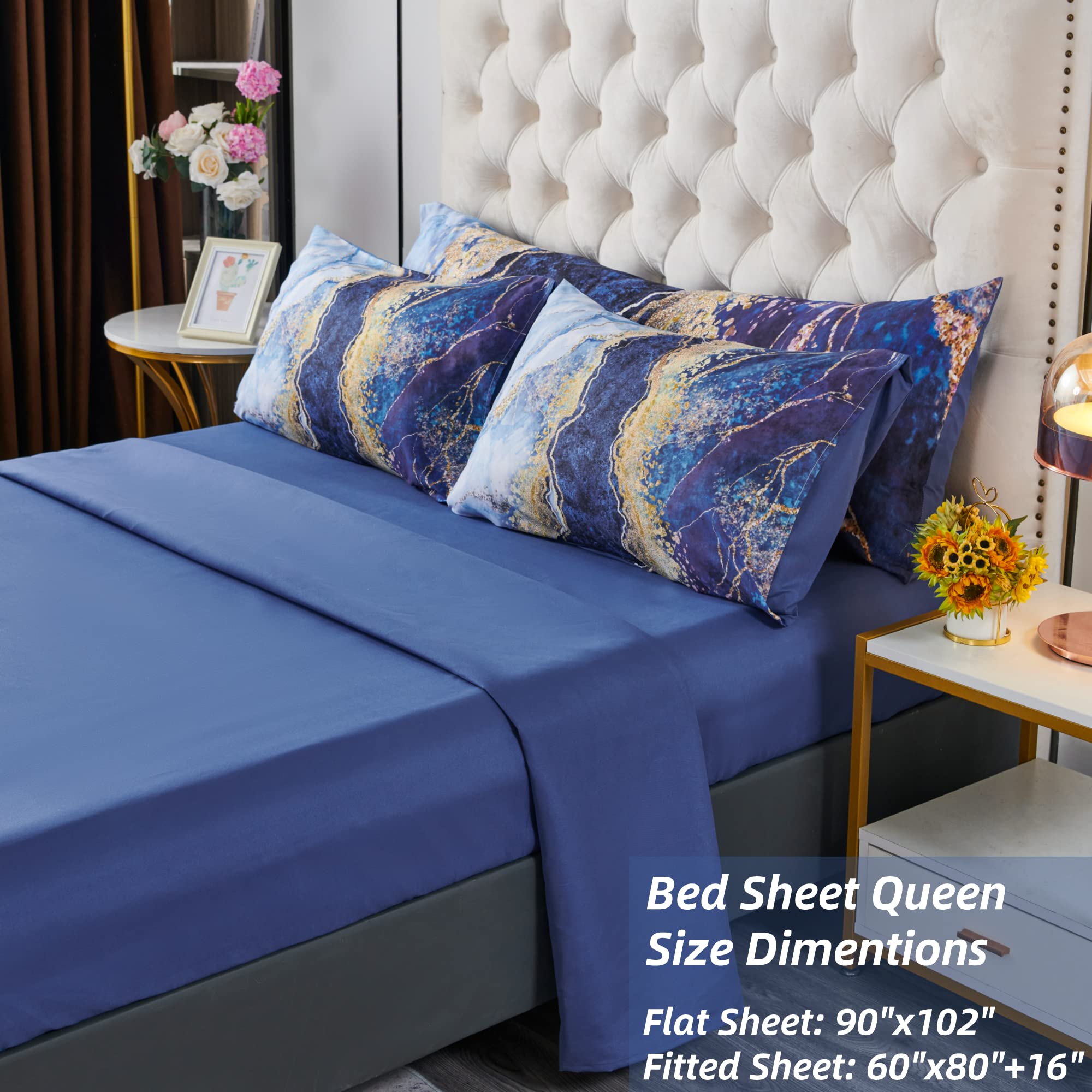 Perfemet 6 Pcs Bed-In-A-Bag Blue Watercolor Marble Printed Comforter Set With Matched Bed Sheets, Colorful Retro Artwork Style B