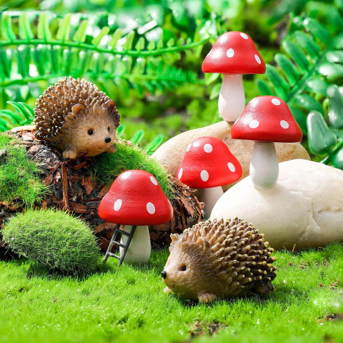 Queekay Fairy Outdoor Garden Animals Figurines Outdoor Fairy Wild Garden Accessories Resin Hedgehogs And Wood Mushroom Miniature
