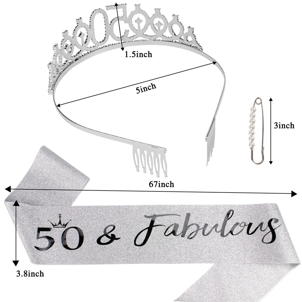 '50 & Fabulous'' Birthday Tiara And Sash Kit- 50Th Birthday Gifts For Women 50Th Birthday Party Decorations (Silver)