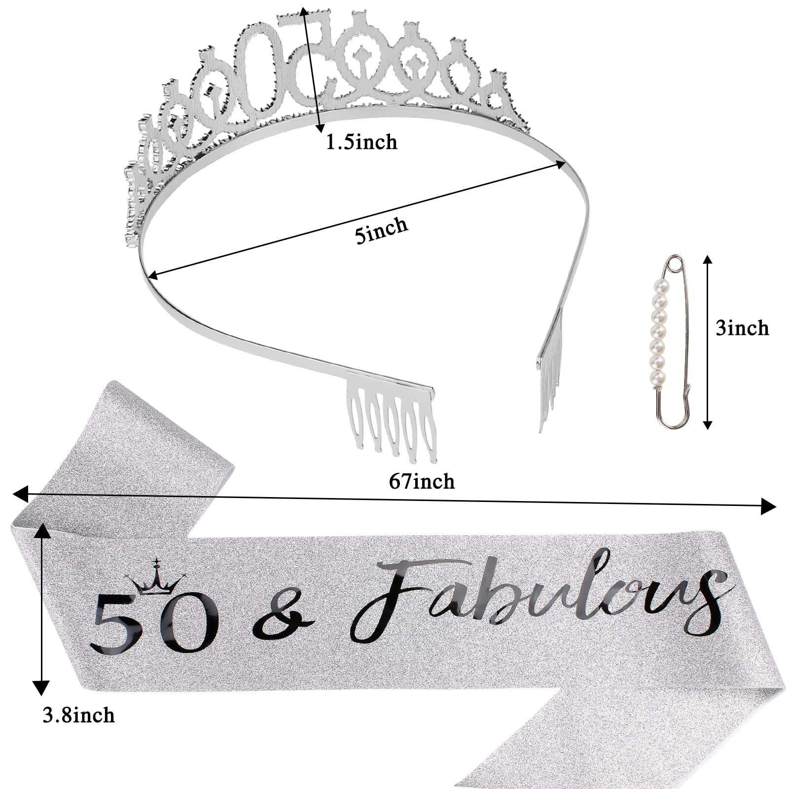 '50 & Fabulous'' Birthday Tiara And Sash Kit- 50Th Birthday Gifts For Women 50Th Birthday Party Decorations (Silver)