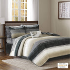 Madison Park Essentials Saben Cozy Bed In A Bag Reversible Quilt With Complete Cotton Sheet Set-Geometric Design All Season Cover, Decorative Pillow, King(104'X92'), Stripes Taupe 8 Piece