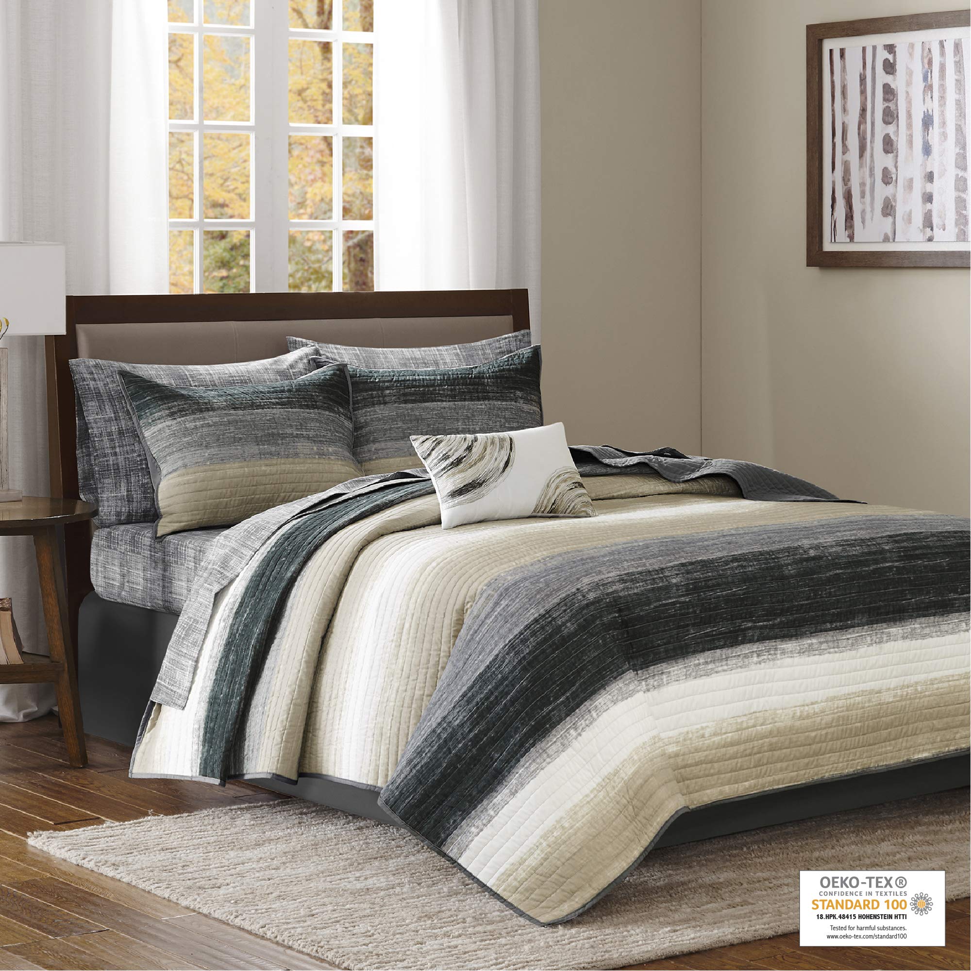 Madison Park Essentials Saben Cozy Bed In A Bag Reversible Quilt With Complete Cotton Sheet Set-Geometric Design All Season Cover, Decorative Pillow, King(104'X92'), Stripes Taupe 8 Piece