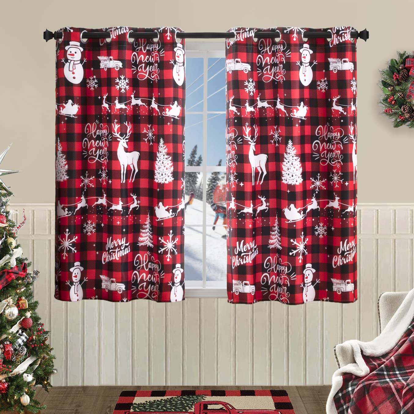 PANELSBURG Christmas Kitchen Window Curtains Over Sink,Red 45 Inch Length Cute Buffalo Plaid Cafe Blackout Short Curtains for Sm