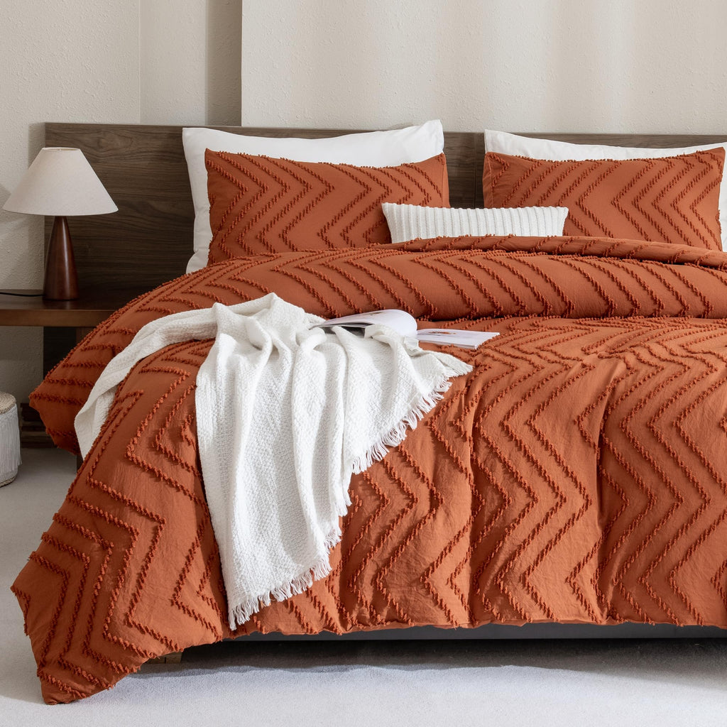 Andency Burnt Orange Comforter For Queen Size Bed, Boho Terracotta Soft Warm Bedding Comforter Sets For Queen Bed, 3 Pieces Rust Chevron Tufted Aesthetic Microfiber Lightweight Comforter Set