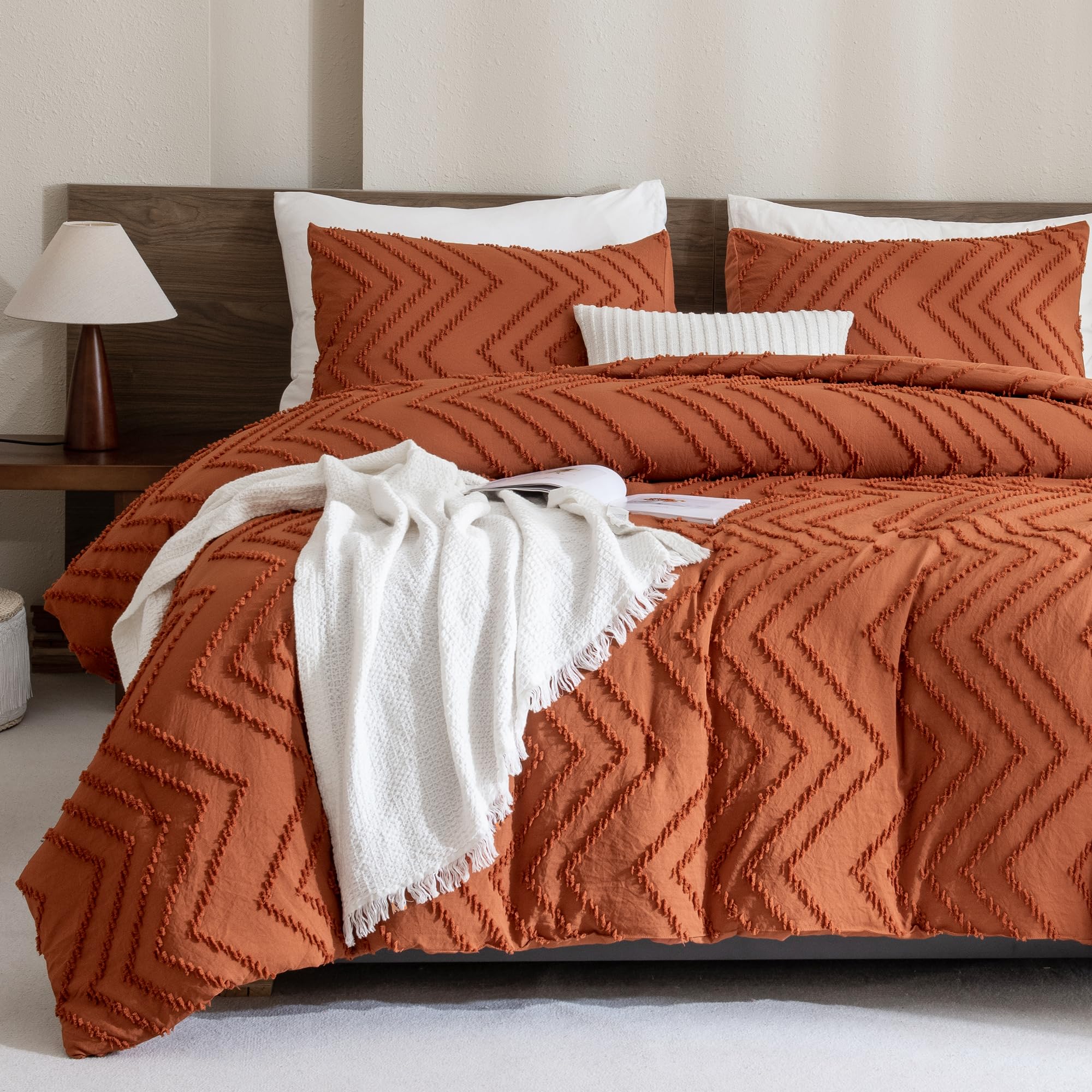 Andency Burnt Orange Full Comforter Sets, Boho Terracotta Soft Warm Bedding Comforter Sets For Full Bed, 3 Pieces Rust Chevron Tufted Aesthetic Microfiber Lightweight Comforter Set