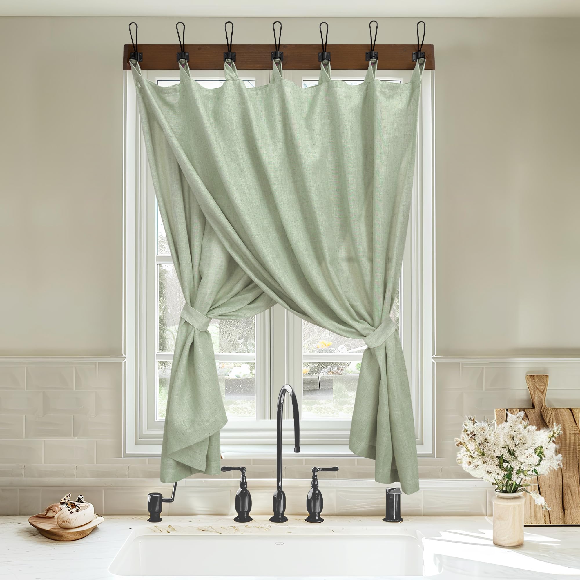 Koufall 52X45 Inches Long Sage Green Tab Top Linen Blend Curtains For Living Room