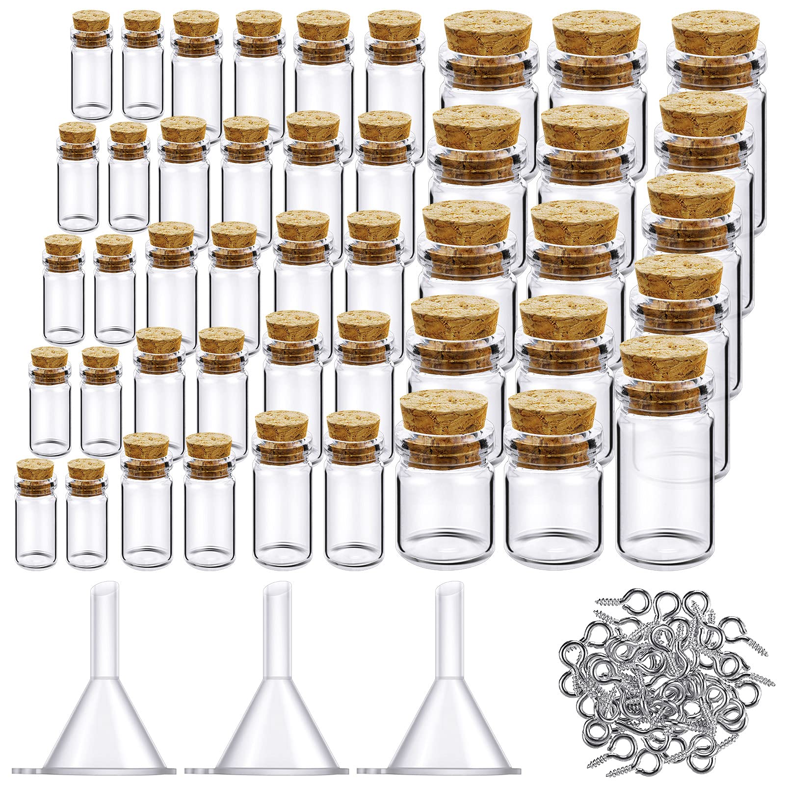 Sherli 45 Pcs Mini Tiny Glass Jars Small Glass Bottles with Cork Stoppers Spell Jars with 50 Pcs Eye Screws and 3 Pcs Funnels Ti