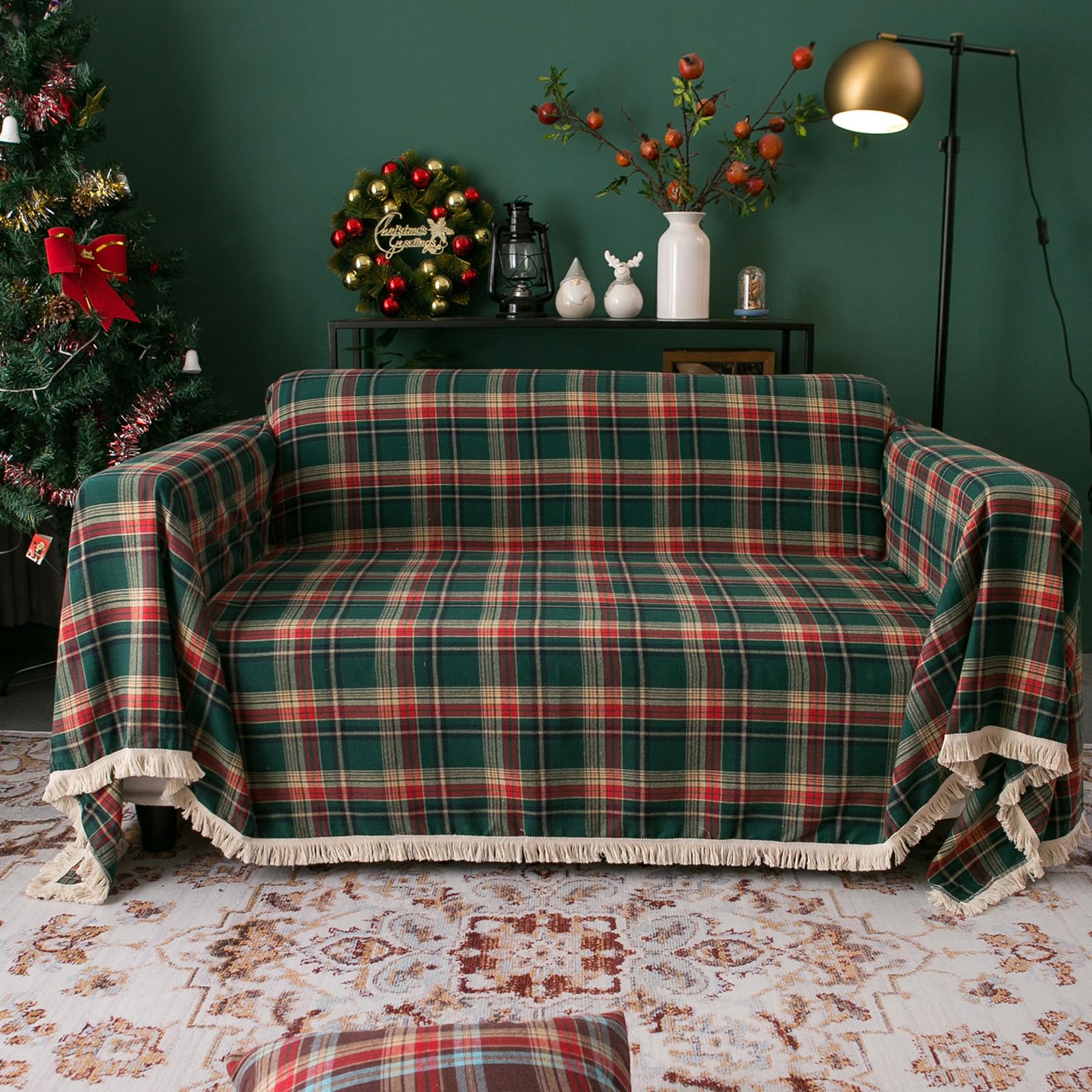 Handontime Christmas Couch Cover Green And Red Plaid Sofa Covers For 3 Cushion Couch Dog Couch Covers With Tassel Farmhouse Couch Protector For Christmas Decorations Sofa Throw Cover, 71'X 118'