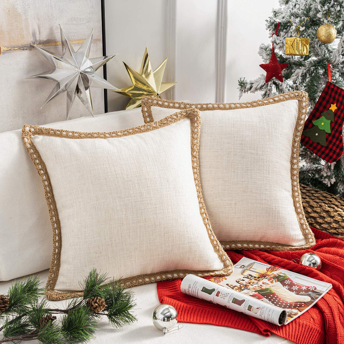 Phantoscope Pack Of 2 Farmhouse Decorative Throw Pillow Covers Burlap Linen Trimmed Tailored Edges Off White 18 X 18 Inches, 45
