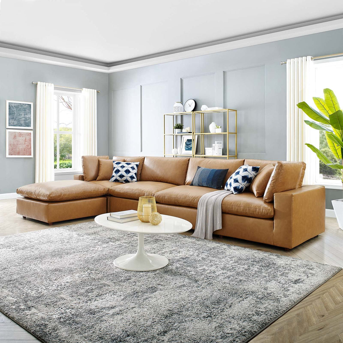 Modway Commix Modular Sofa, Extra Large Reclining Sectional, Tan Vegan Leather