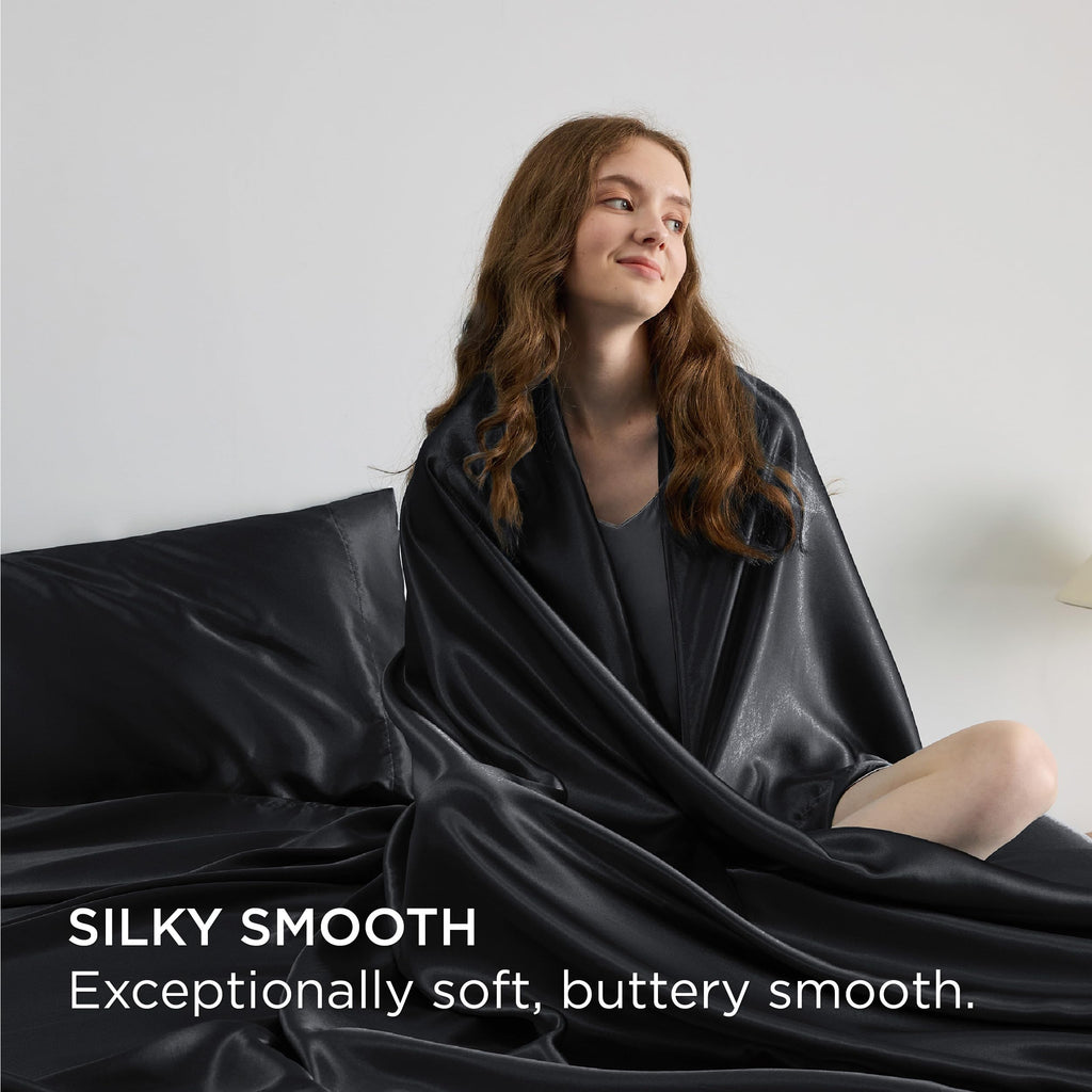 Bedsure Satin Sheets Queen Size - Similar To Silk Sheets, Silky Bedsheet, Luxury & Ultra Soft, Non-Fading & Wrinkle Free, Good For Hair & Skin, Gifts For Women, 4 Pieces, Black