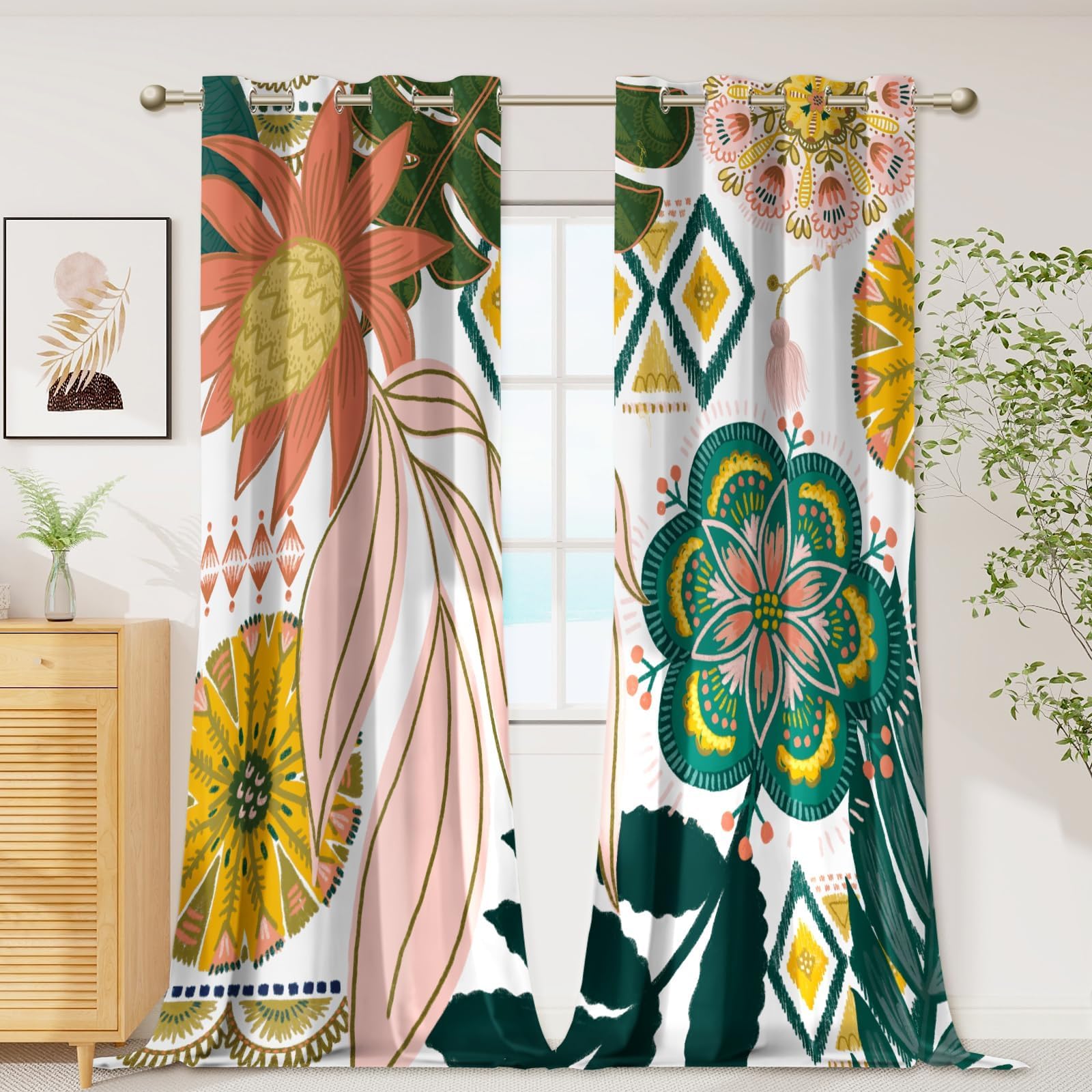 Tyrot 100% Blackout Boho Floral Curtains 108 Inches Extra Long For Bedroom Mid Century Modern Botanical Black Out Curtains Room