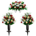 Sympathy Silks Artificial Cemetery Flowers - Realistic Vibrant Tulips Outdoor Grave Decorations - 2 Red Tulip White Iris Bouquet