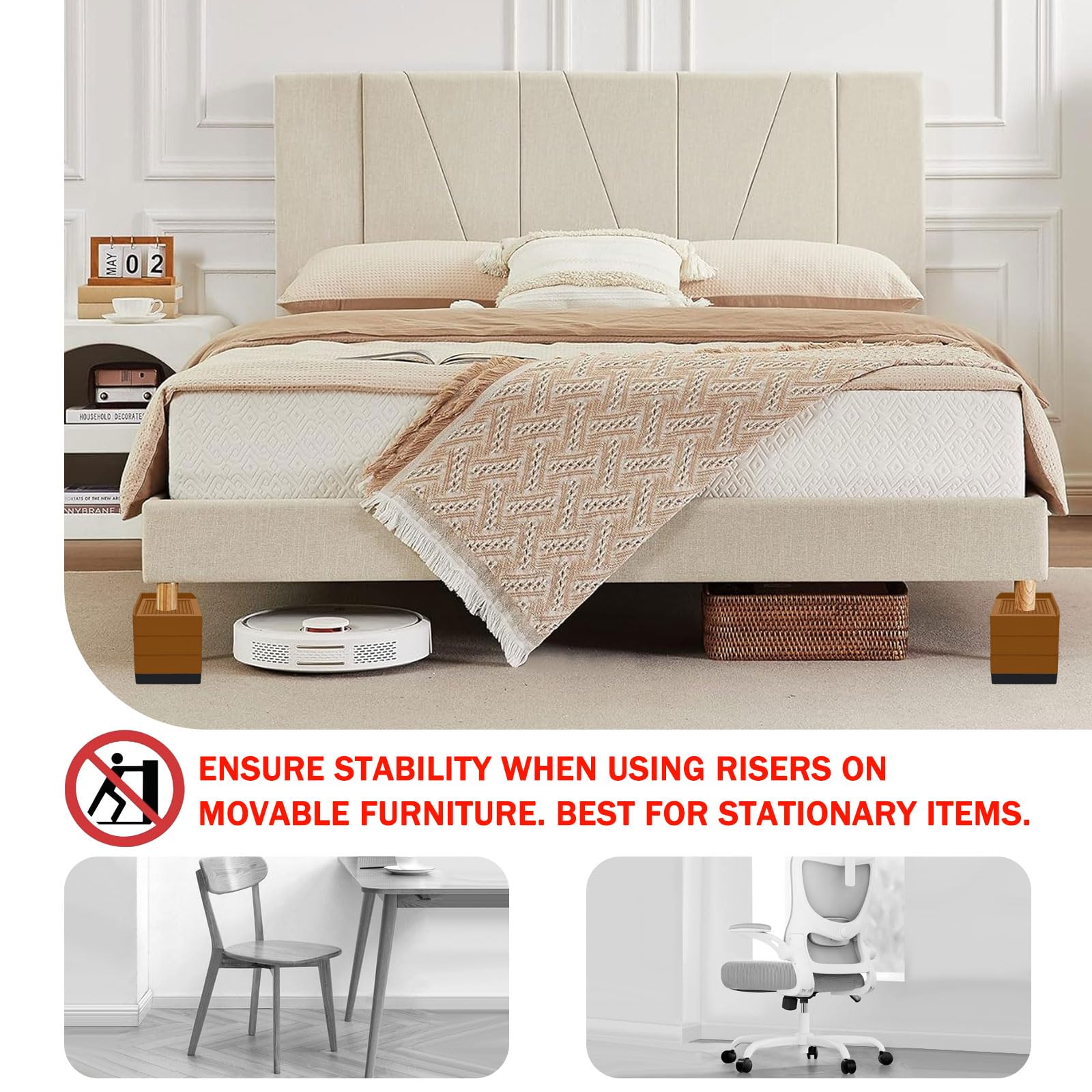 Annkut Bed Furniture Risers 4 Inch, Heavy Duty Furniture Elevator In Heights Of 1.5, 3 Or 4 Inch, Square Raising Blocks For Bed,