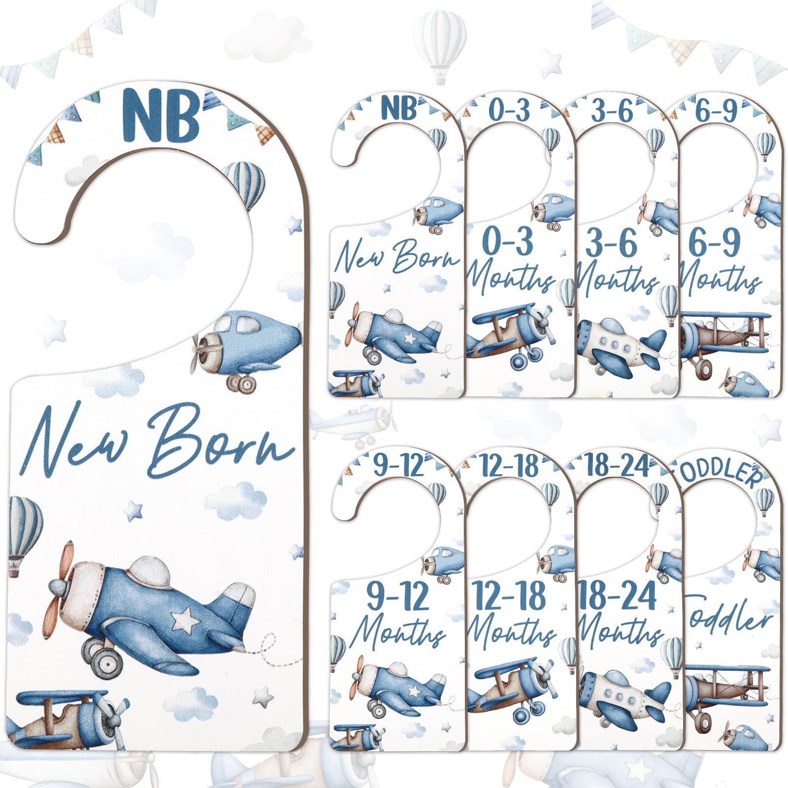 CORNER LACE Baby Closet Dividers 8PCS, Airplane Themed Wooden Double-Sided Clothes Size Hanger/Organizer from Newborn to Toddler