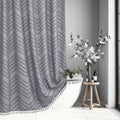 Siiluminisoy Extra Long Grey Boho Shower Curtain With Tassel, Woven Fabric 96 In Shower Curtain, Tufted Chevron Striped, 72 X 96