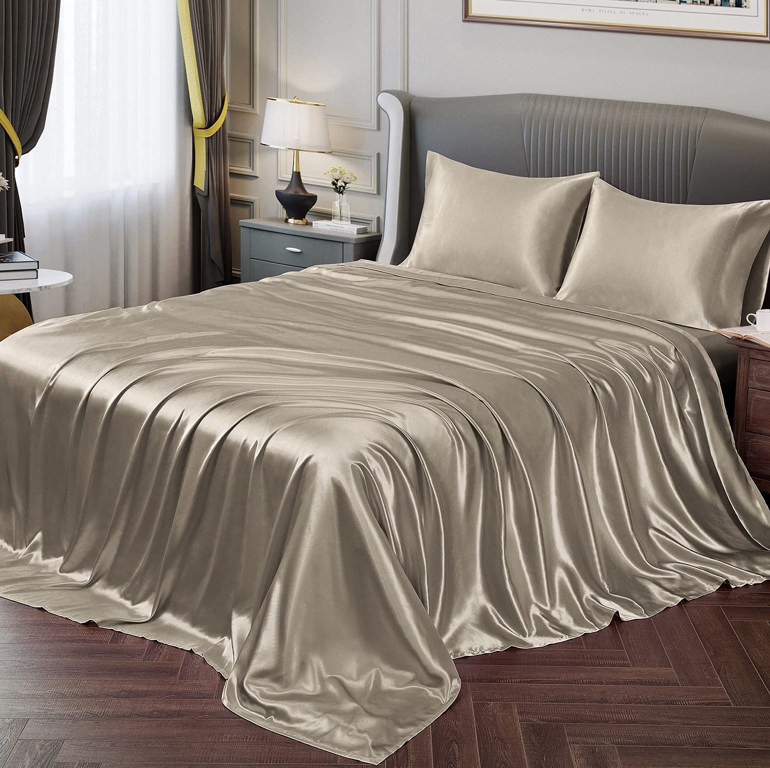 Vonty Satin Sheets Twin Silky Soft Satin Bed Sheets Sand Satin Sheet Set, 1 Deep Pocket Fitted Sheet + 1 Flat Sheet + 1 Pillowca