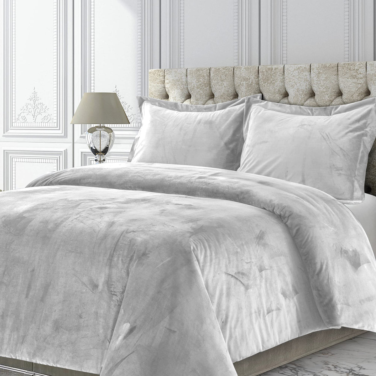 Tribeca Living Veniceduvet Venice Velvet Oversized Solid Duvet Set,3Pieces, King, Silver Grey