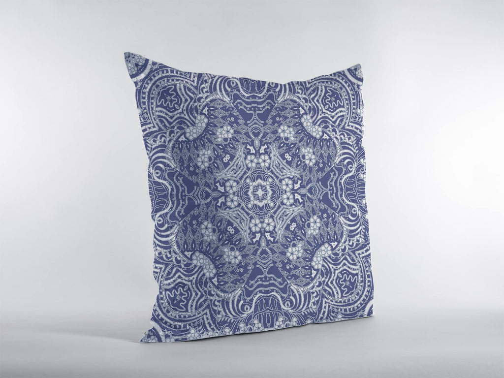 HomeRoots Indigo On White Broadcloth 16â€ Indigo White Boho Ornate Indoor Outdoor Throw Pillow