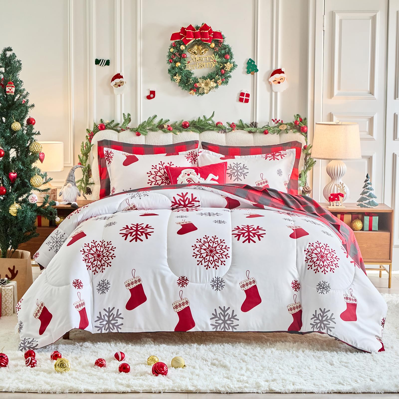 Christmas 7 Pieces Queen Comforter Sheet Set Bed In A Bag Holiday New Year Style  Red Gray Snowflake, Socks With Red Plaid  Wh