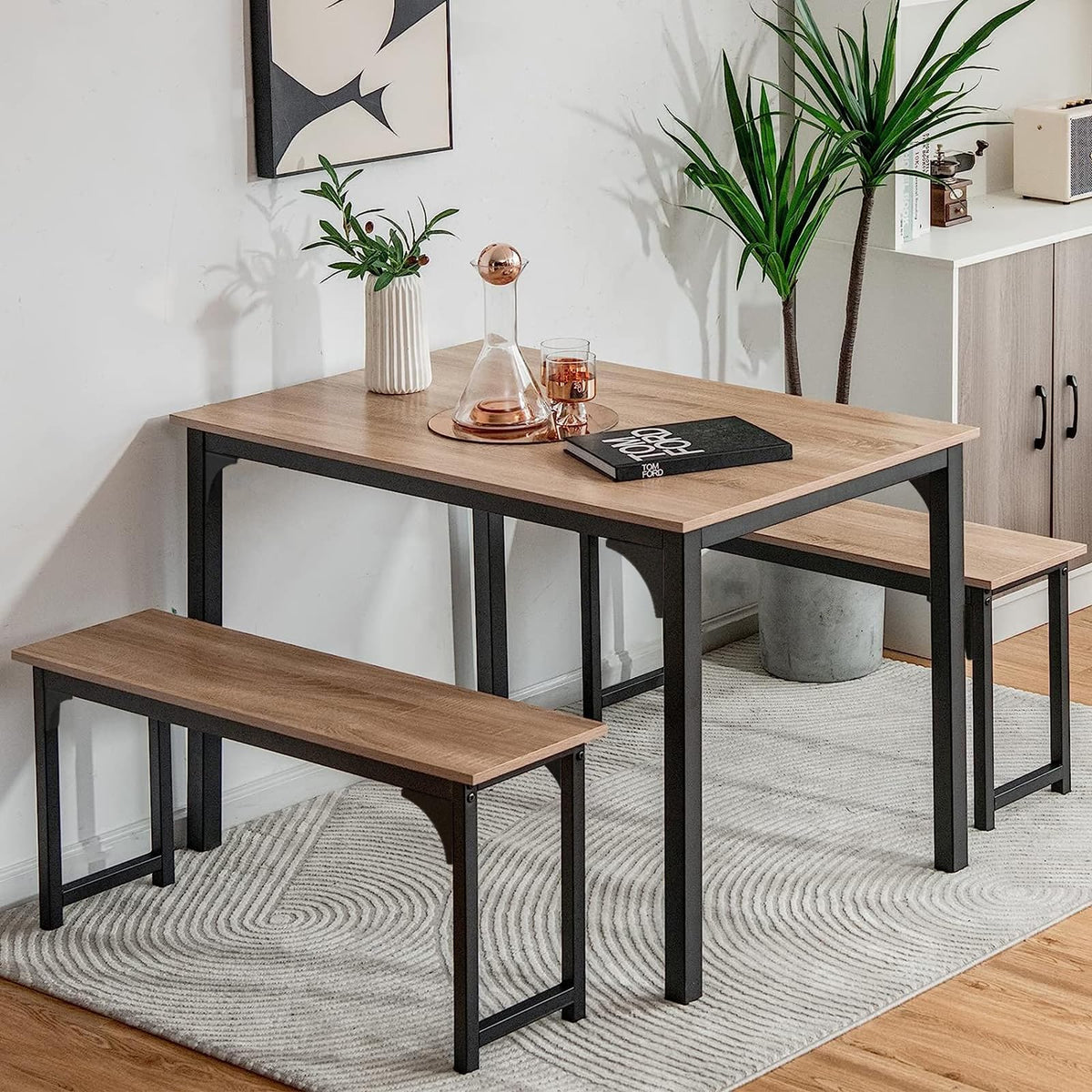 Nafort 3-Piece Dining Table Set For 4, 43.5' Modern Kitchen Table Set W/2 Benches & Metal Frame, Space Saving Dining Room Table Set With Mdf Wood Board, Ideal For Home, Restaurant, Etc.