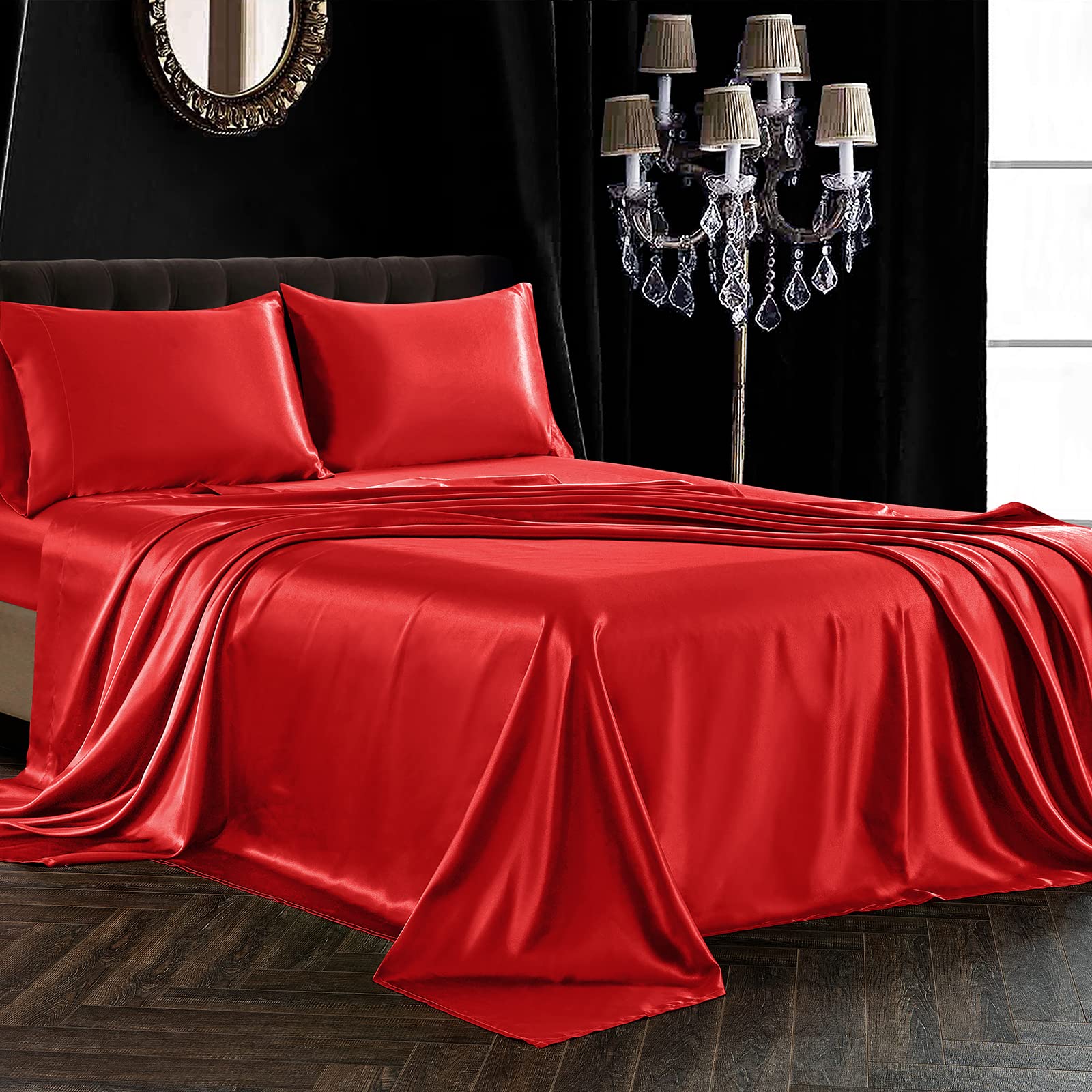 Siinvdabzx 4Pcs Satin Sheet Set Queen Size Ultra Silky Soft Red Satin Queen Bed Sheets With Deep Pocket, 1 Fitted Sheet, 1 Flat